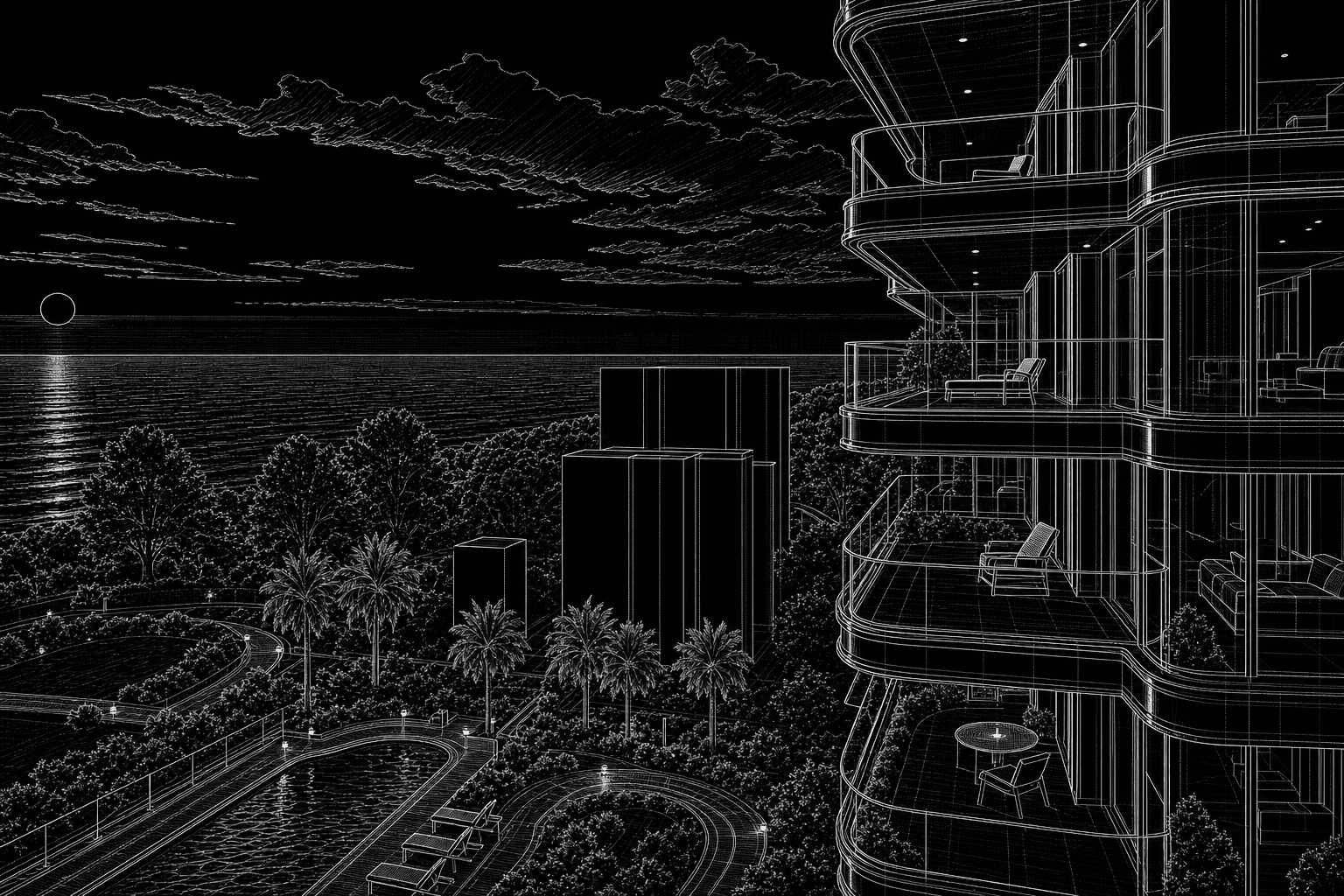 Architectural line drawing of a curved coastal residential tower above landscaped gardens and a pool.