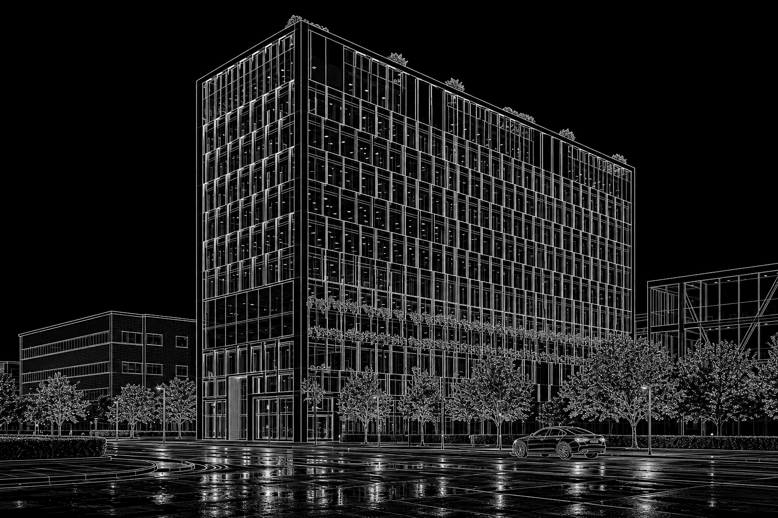 Architectural line drawing of Kushal Wallstreet, a completed glazed office tower.