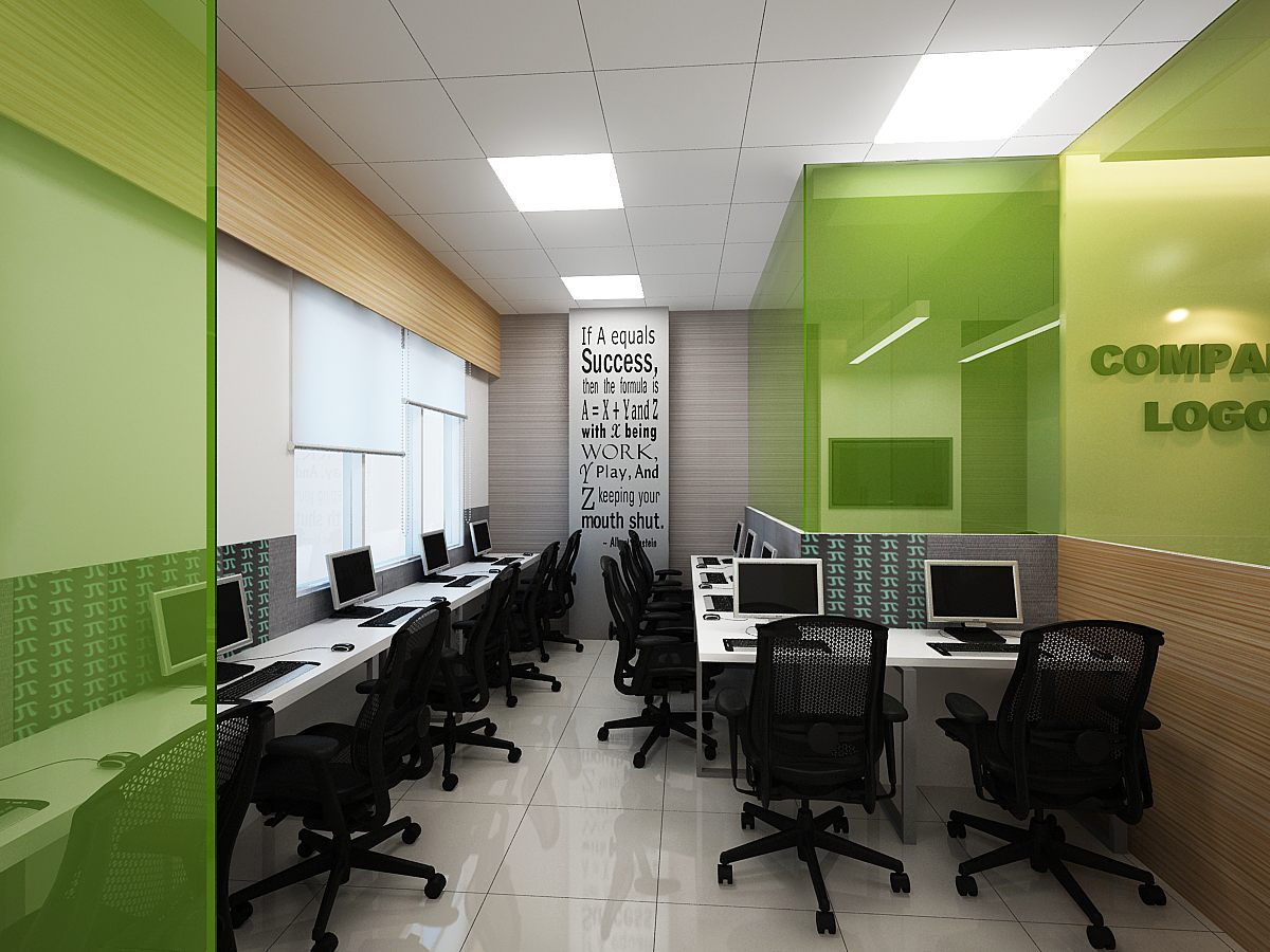 Bright workstation room framed by green glass, with a 'Success formula' typographic feature wall.
