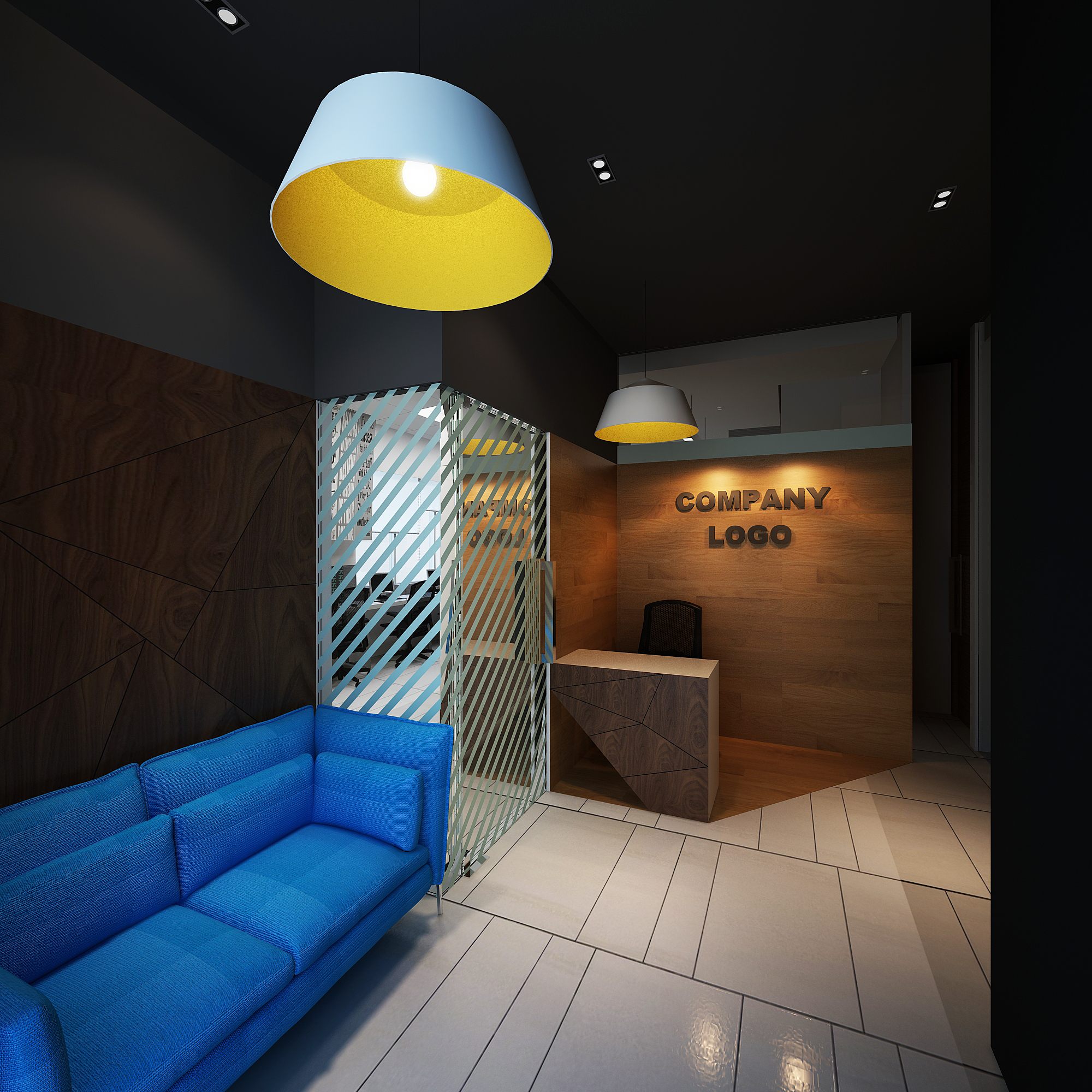Dramatic dark lobby with bright blue sofa, blue-yellow pendant and wood logo reception wall.