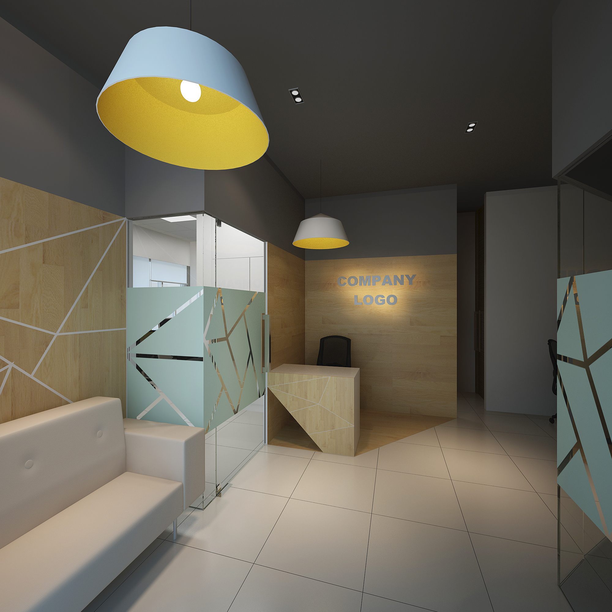 Reception with white bench seating, geometric-etched glass and wood logo wall under a blue-yellow pendant.