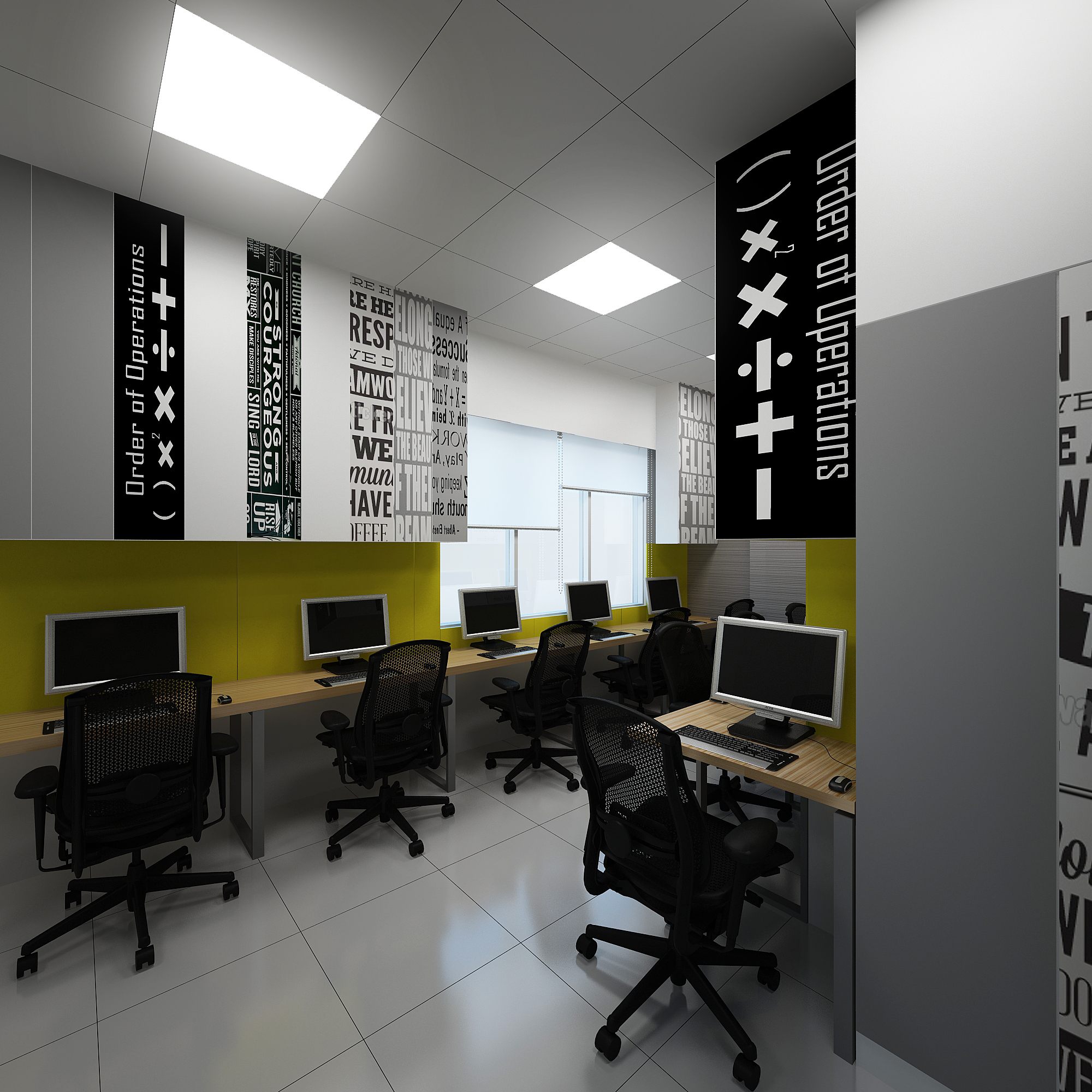 Black-and-white 'Order of Operations' banners over yellow-backed desks in a compact work bay.