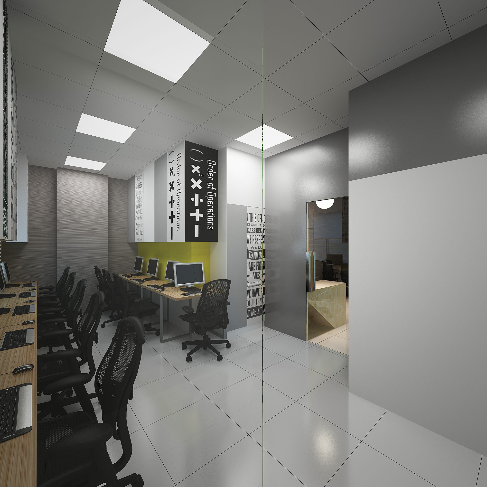 Workstation room seen through glass partition, with typographic banners and a cabin doorway beyond.