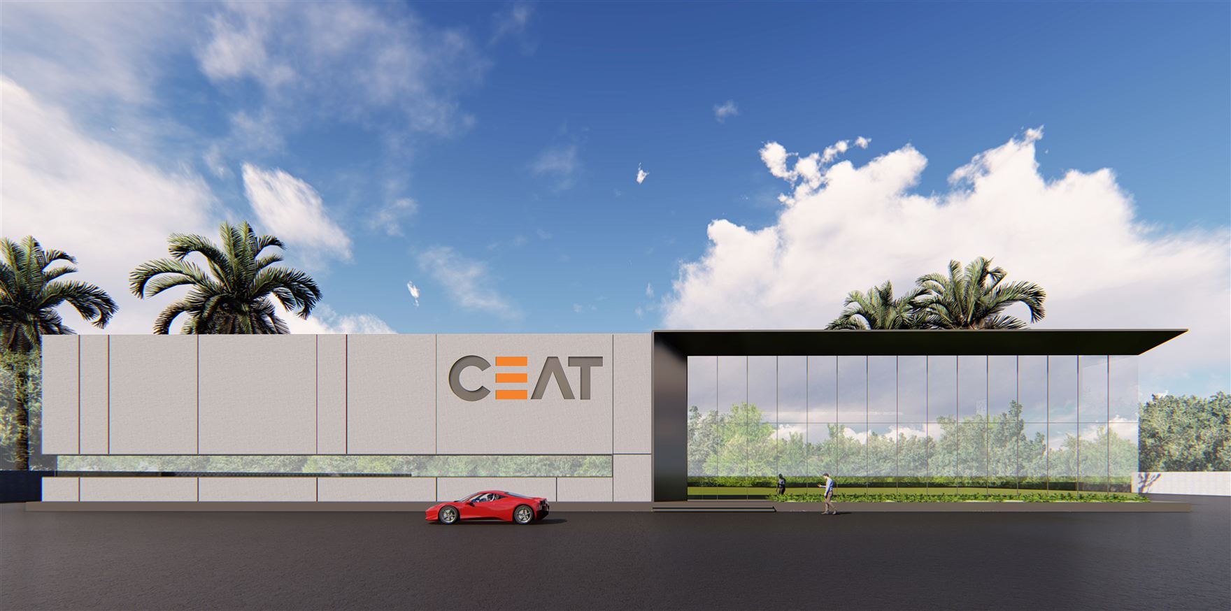 Front elevation render of the CEAT facility with the branded white volume meeting a glazed office block, framed by palms.