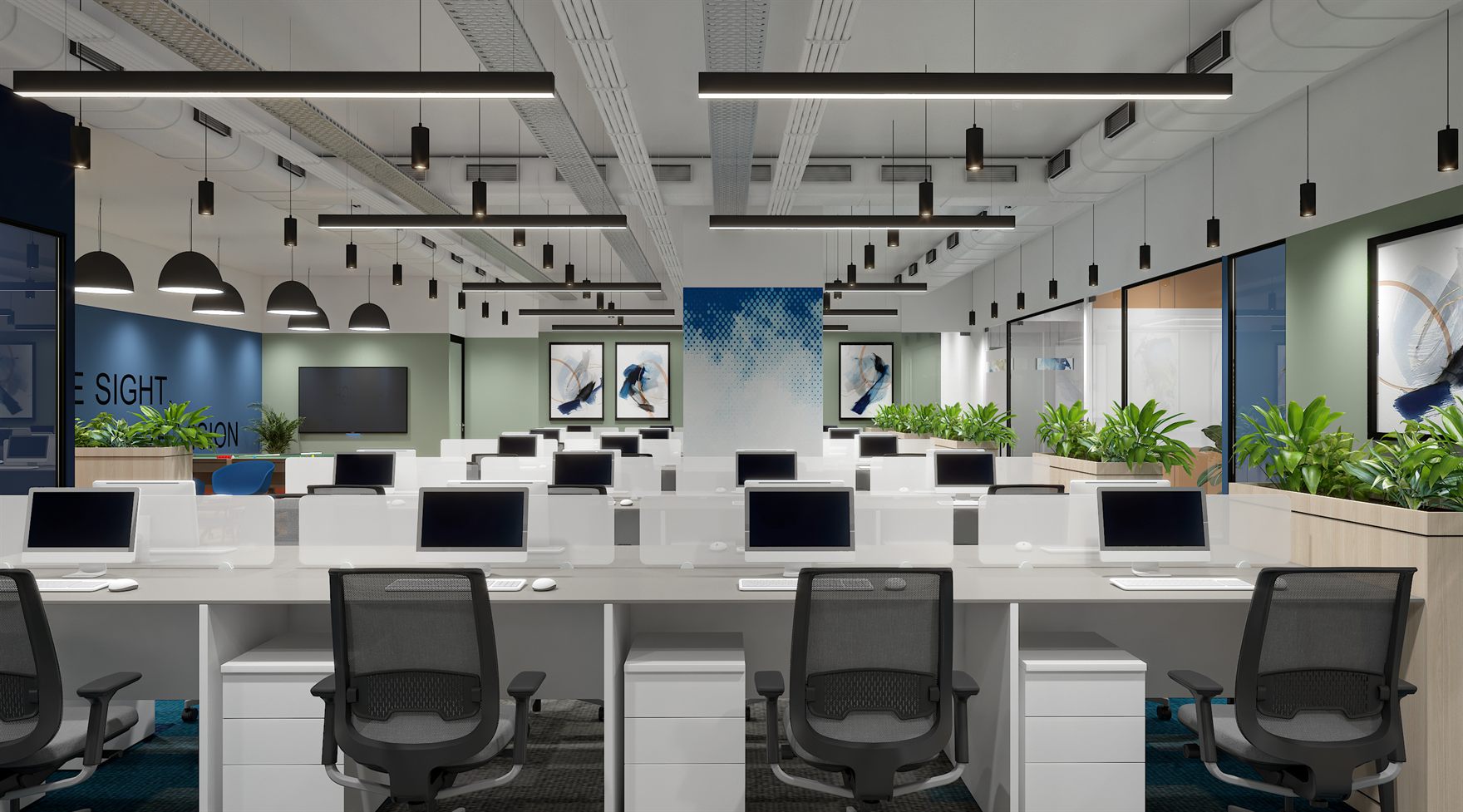 Open-plan office with rows of white bench desks and black monitors, black cylindrical pendants, timber planters of greenery, blue and green accent walls with abstract art and a blue halftone feature column