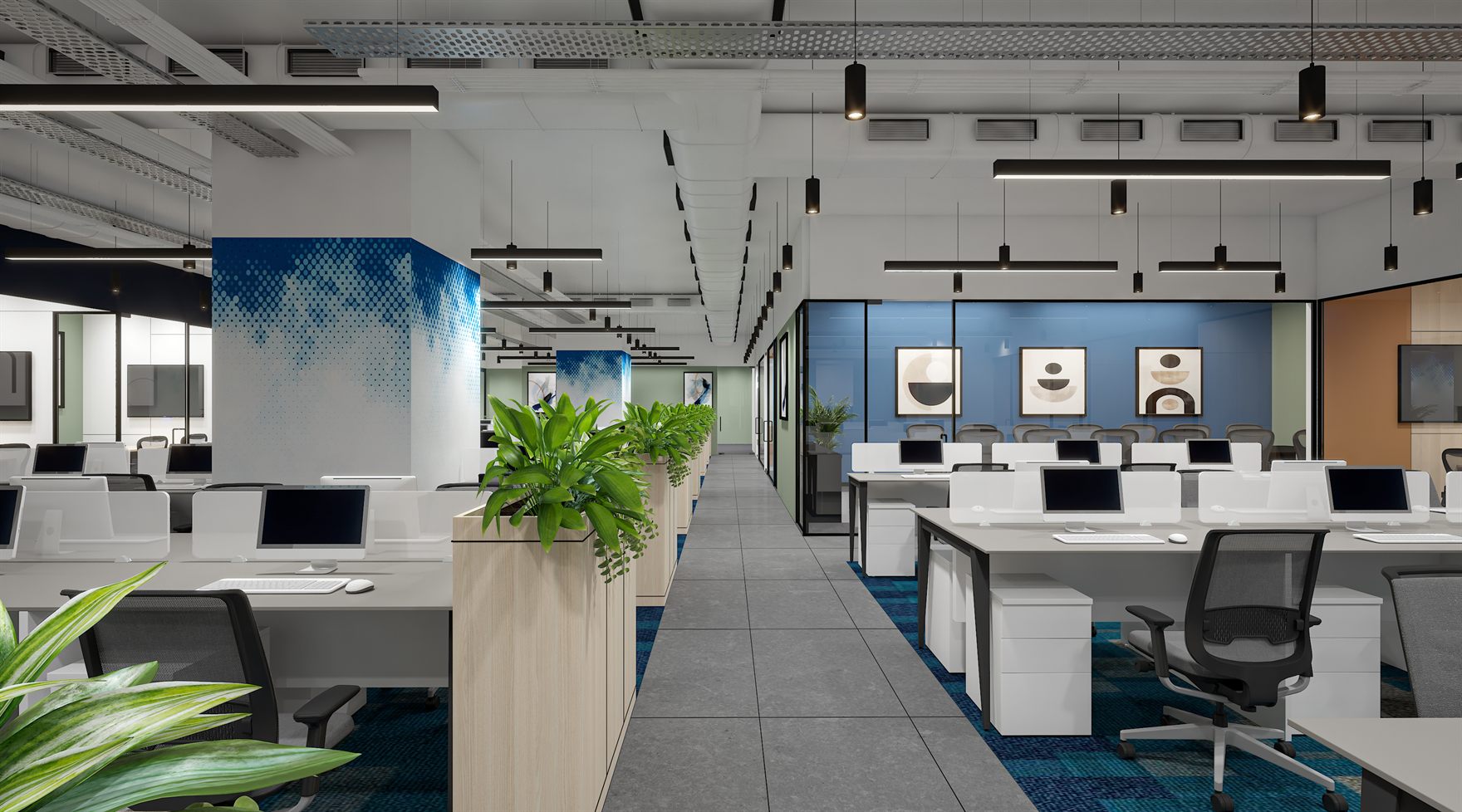 Workstation aisle with white bench desks, planter dividers, a blue glass-walled cabin with framed art and a halftone feature column under an exposed ceiling