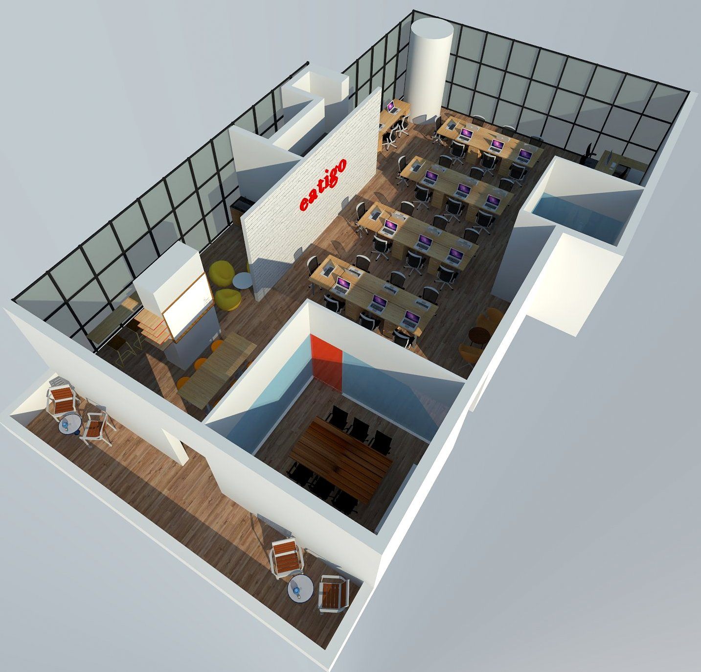 Aerial perspective focused on the eatigo brand wall and desk clusters