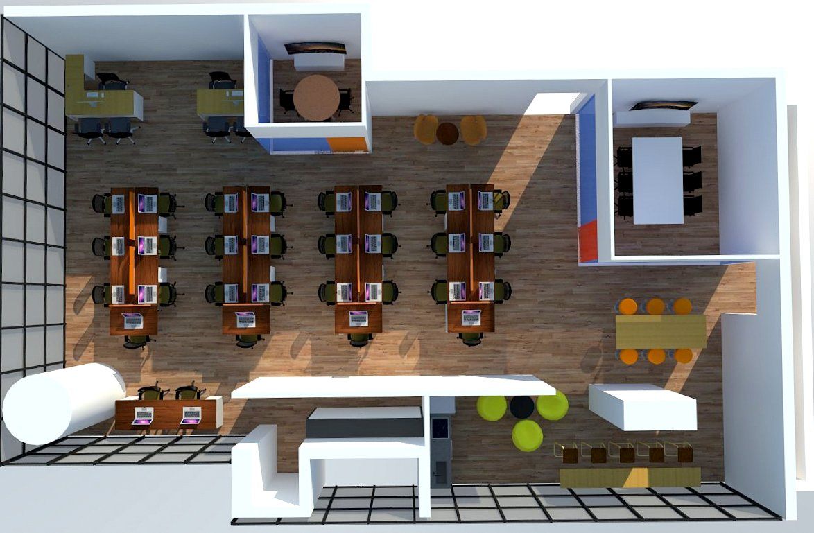 Top-down cutaway render of the workstation floor and meeting cabins