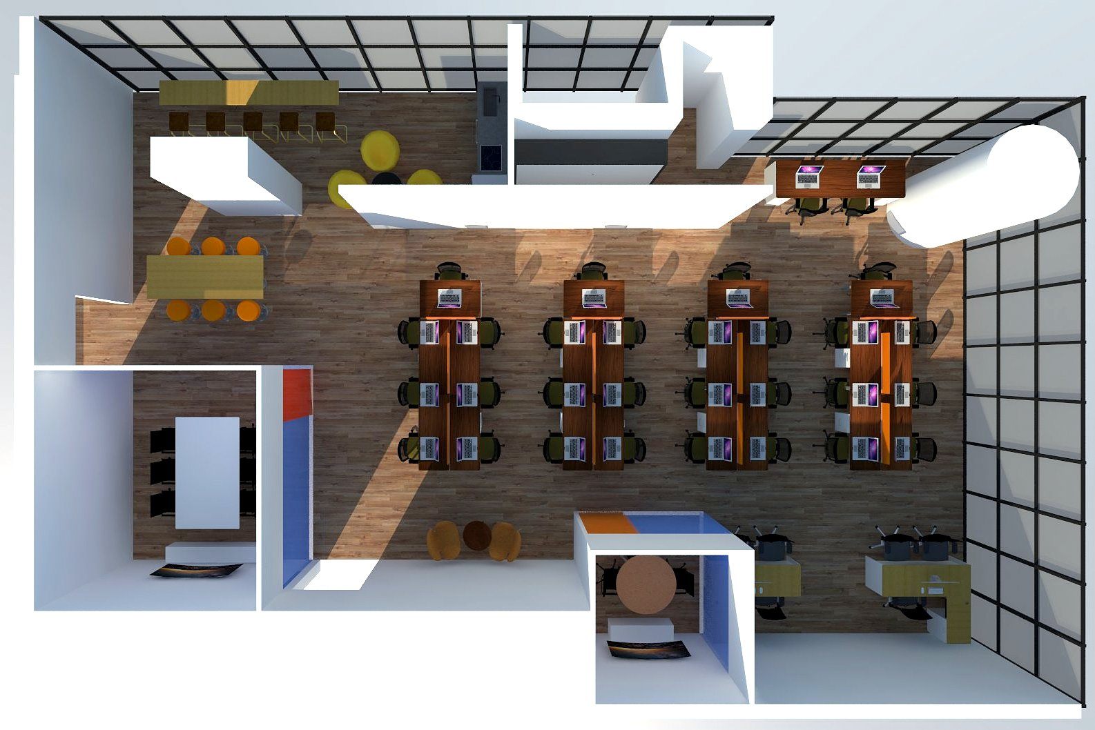 Aerial cutaway showing bench desks, breakout seating and cafeteria zone