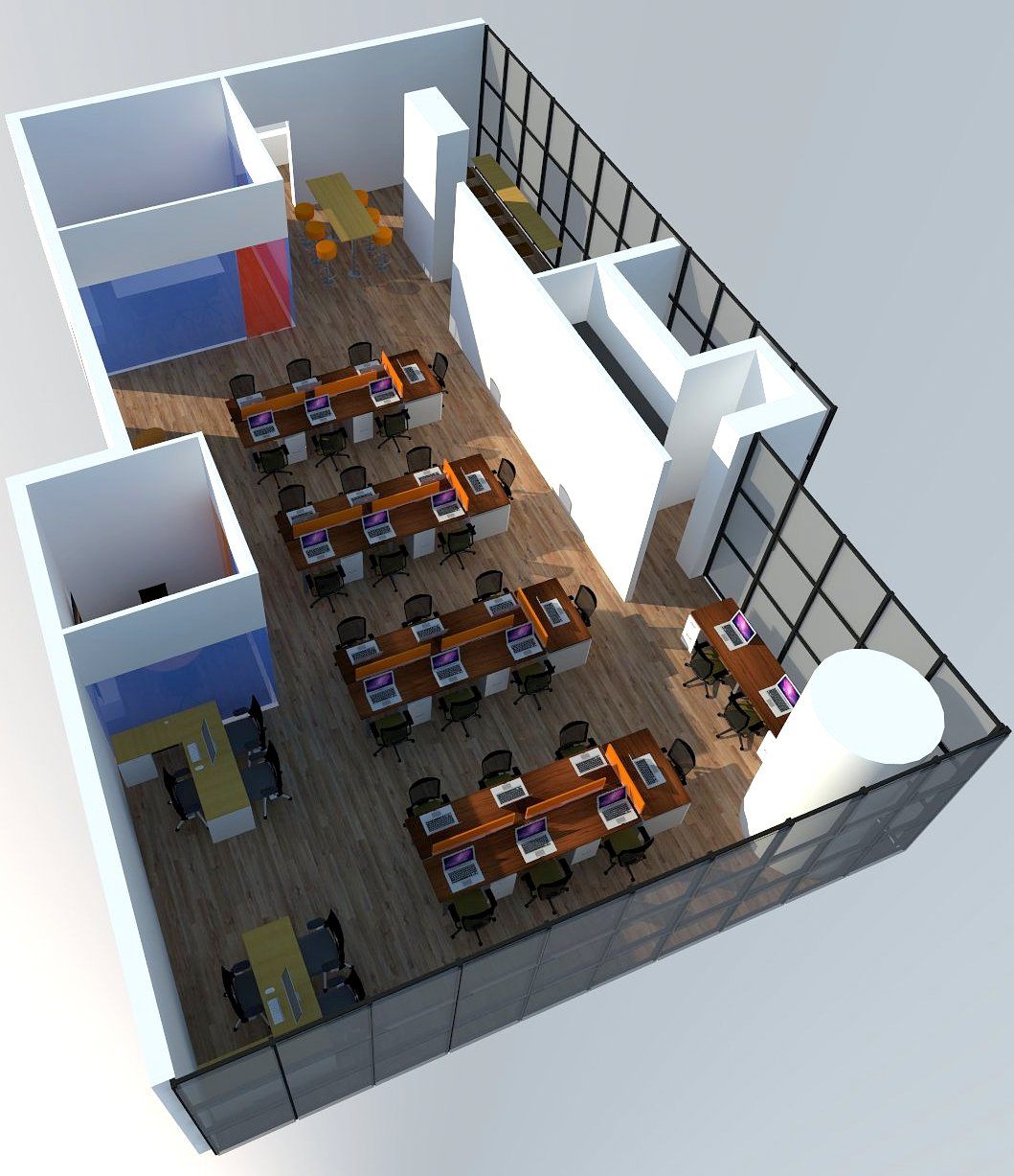 Angled aerial render highlighting workstation clusters and cabins