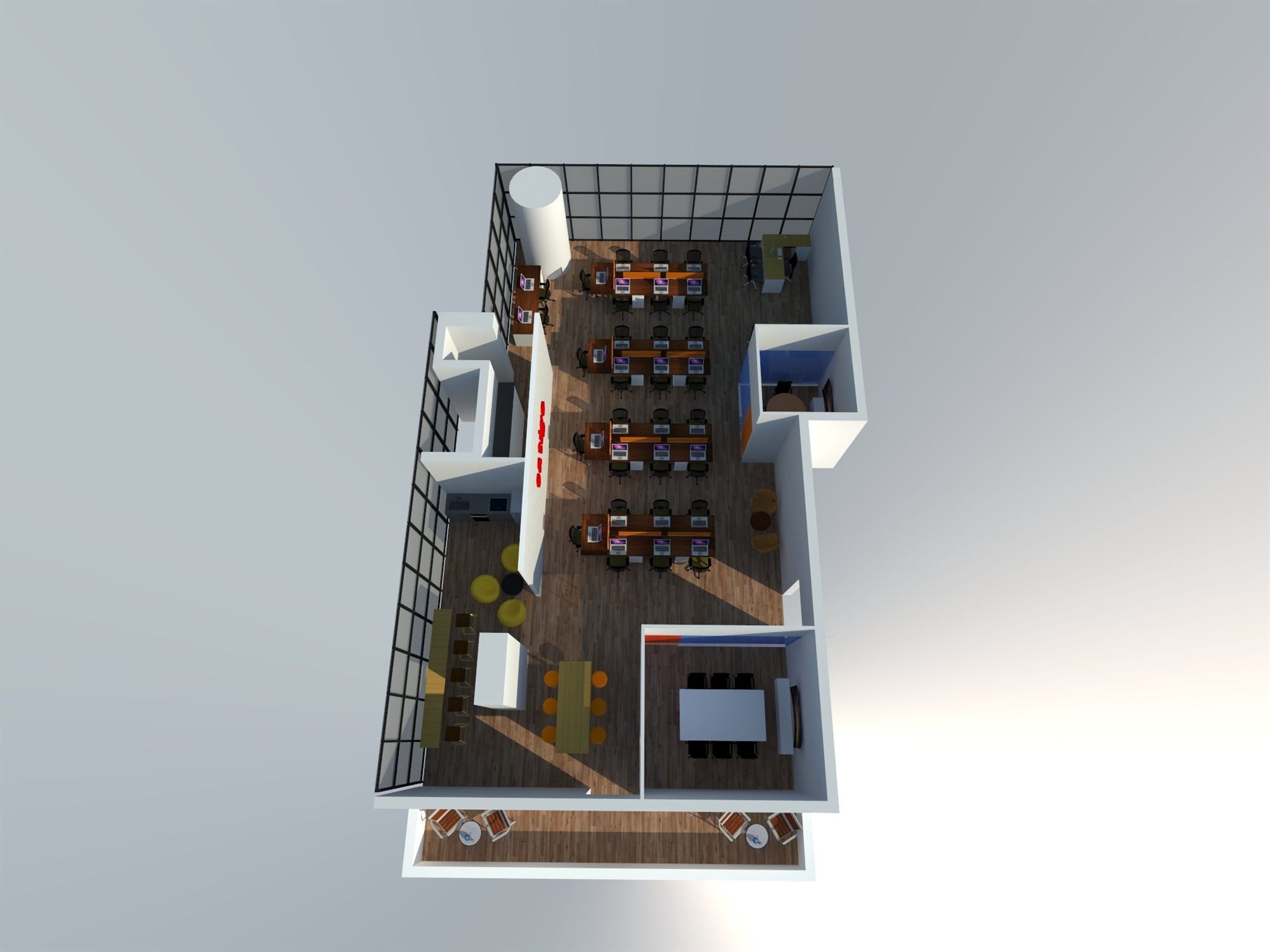 Distant top-down render of the floor plan, sparsely furnished