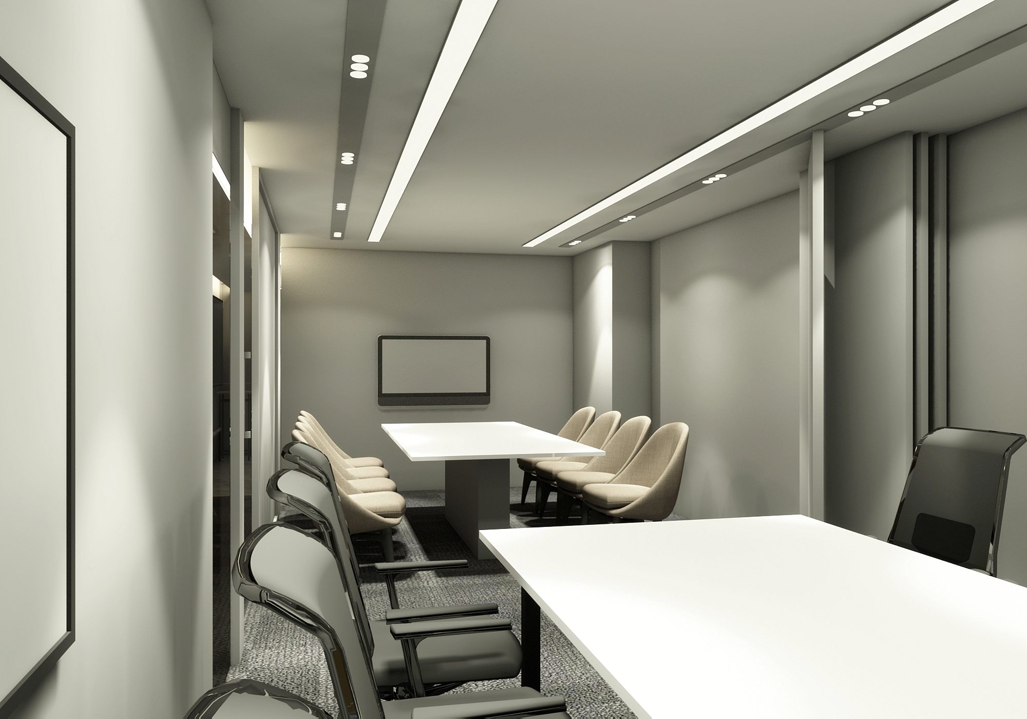 Reception desk and FM marble wall with accreditation frames and warm cove lighting.
