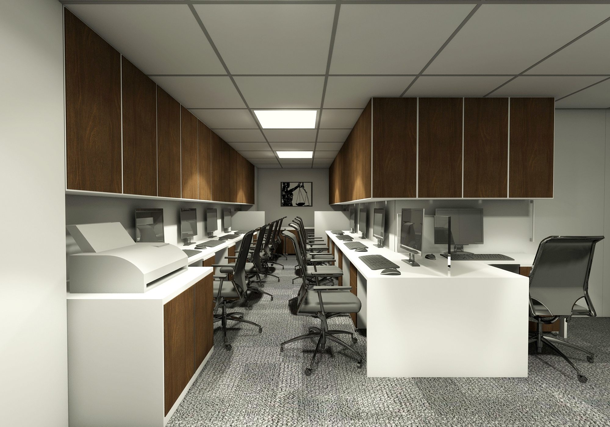 Long axial view down a row of workstations framed by walnut storage and grey carpet tiles.