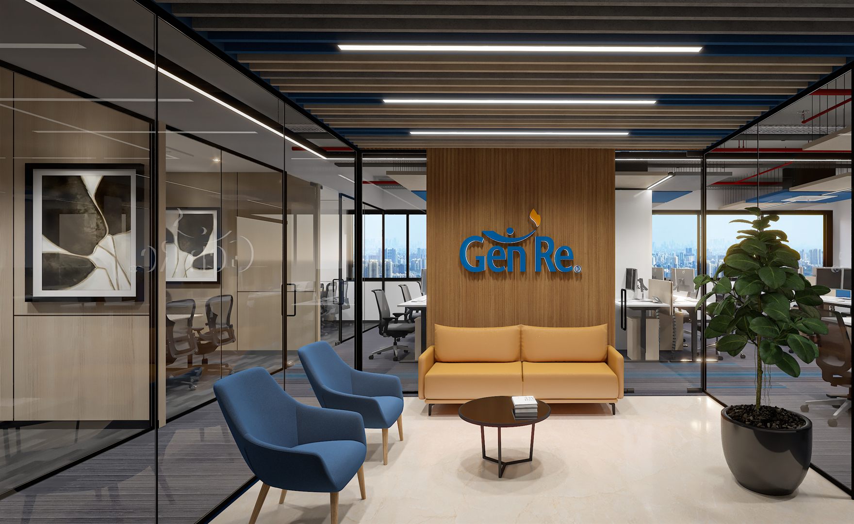 Gen Re reception lounge with the illuminated logo on a fluted wood wall, a mustard sofa and two blue armchairs around a round table, a tall plant and city-skyline glazing over black marble flooring