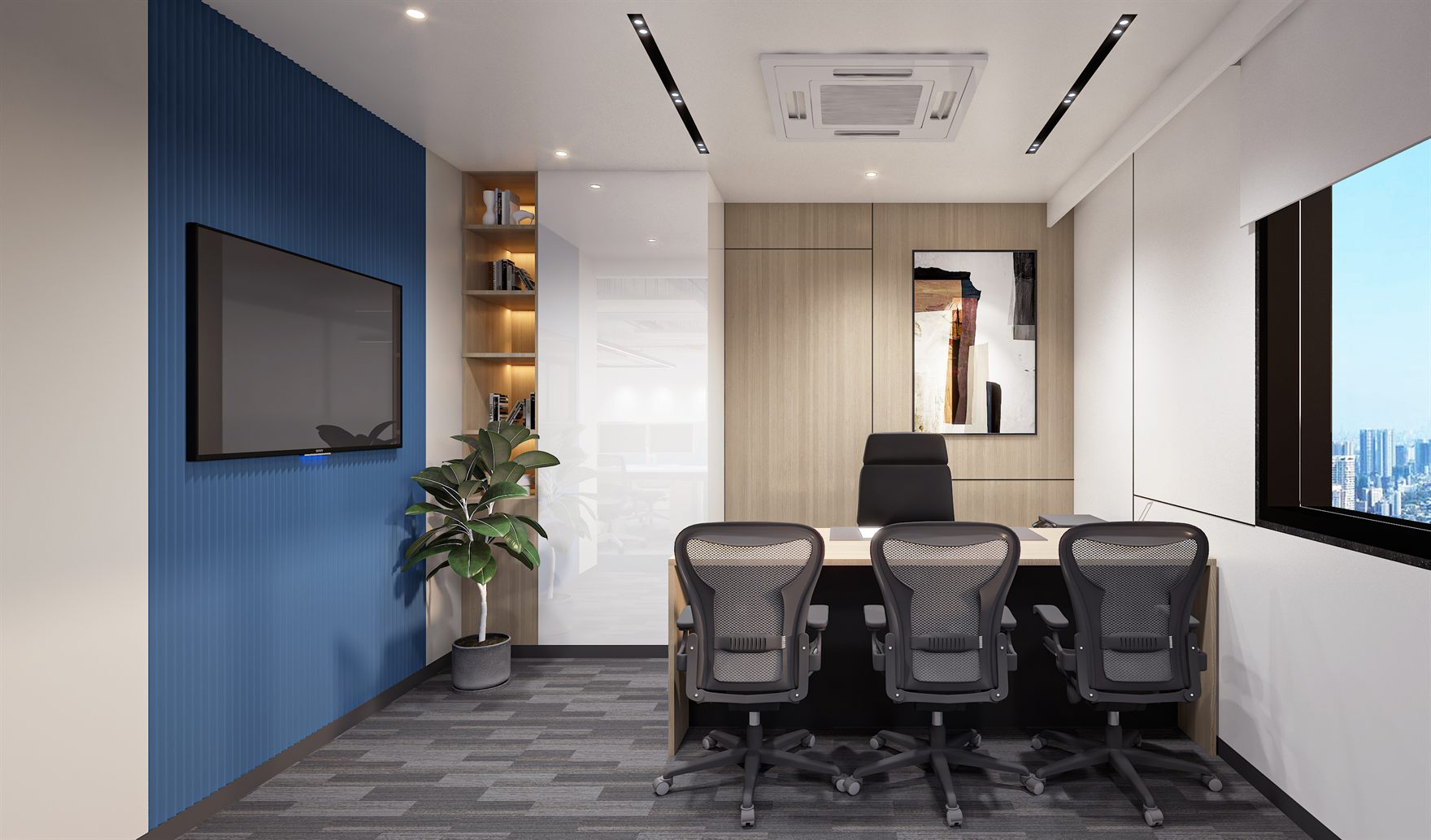 Boardroom with a pale-wood table, black mesh chairs, chevron acoustic panelling and a blue coffered ceiling