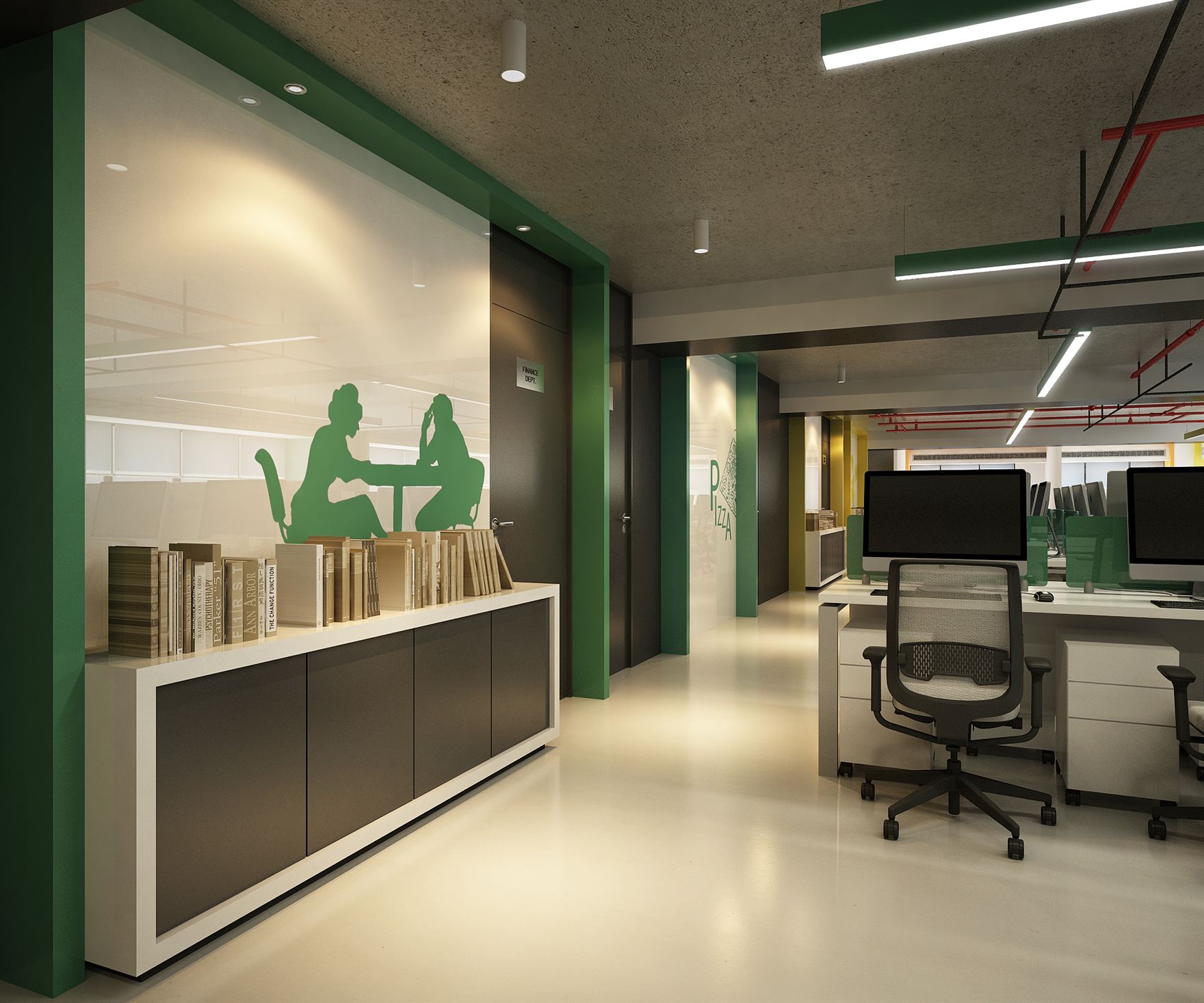 Circulation spine alongside the open office, featuring a white-and-grey storage credenza, a green figural wall mural, and green portal-framed openings.