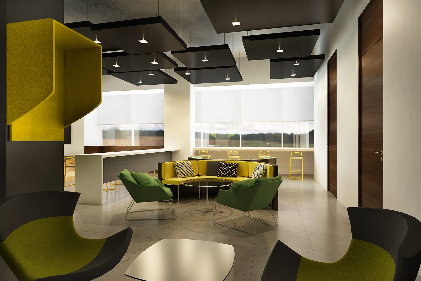 Open workspace with white bench desks and iMacs under exposed ducting and red conduit, a lightbulb quote graphic and a green writable wall