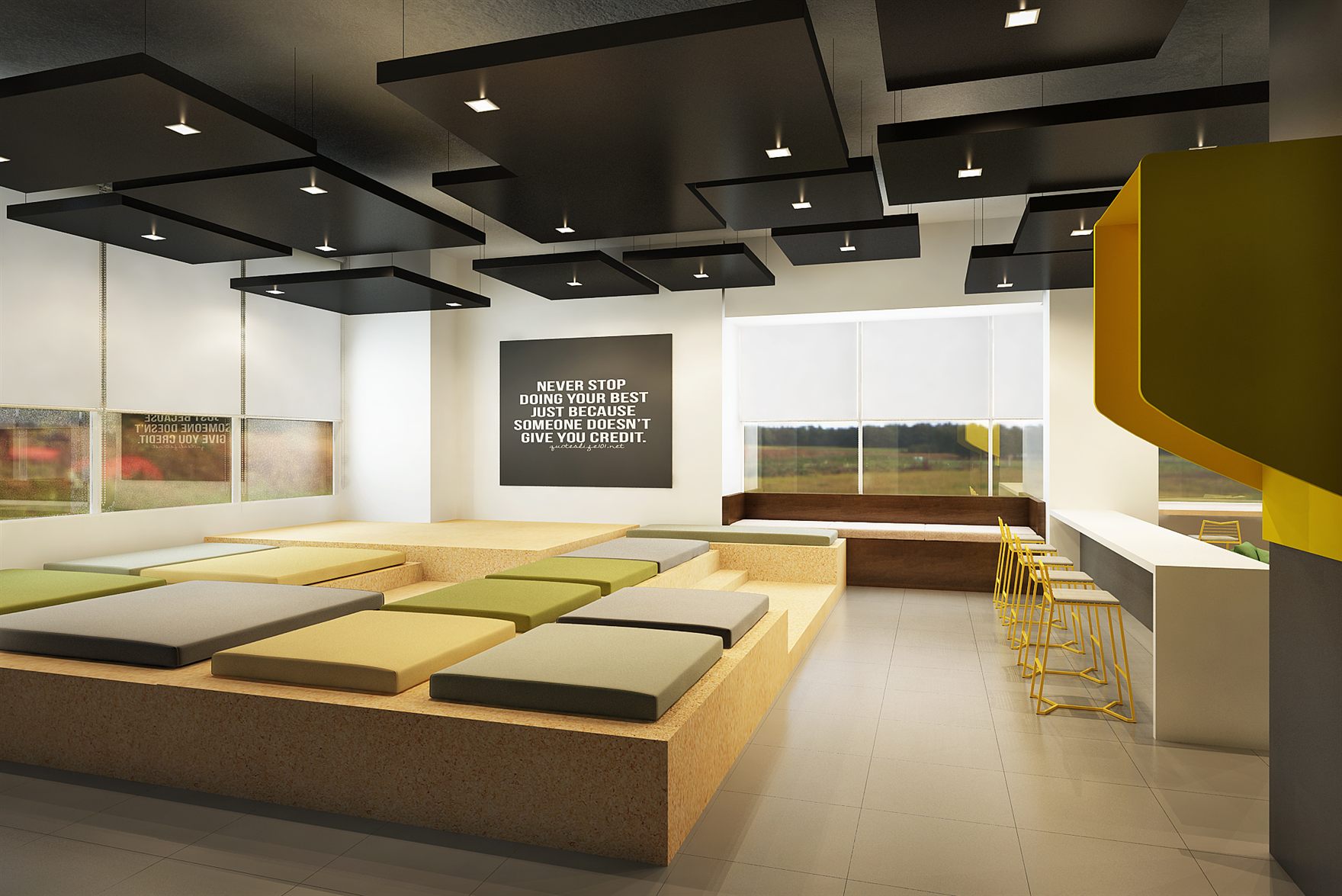 Lounge with a curved yellow banquette, green armchairs and floating black acoustic ceiling rafts before floor-to-ceiling windows