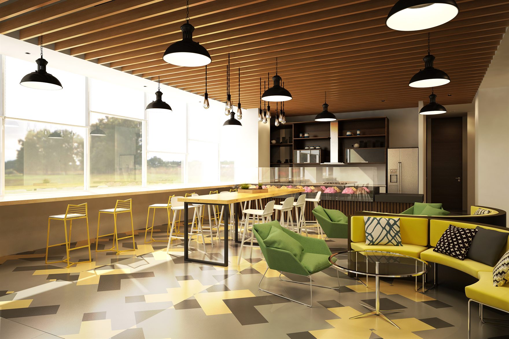 Tiered cork platform with grey, green and mustard cushioned seating below a black acoustic ceiling and a motivational quote panel