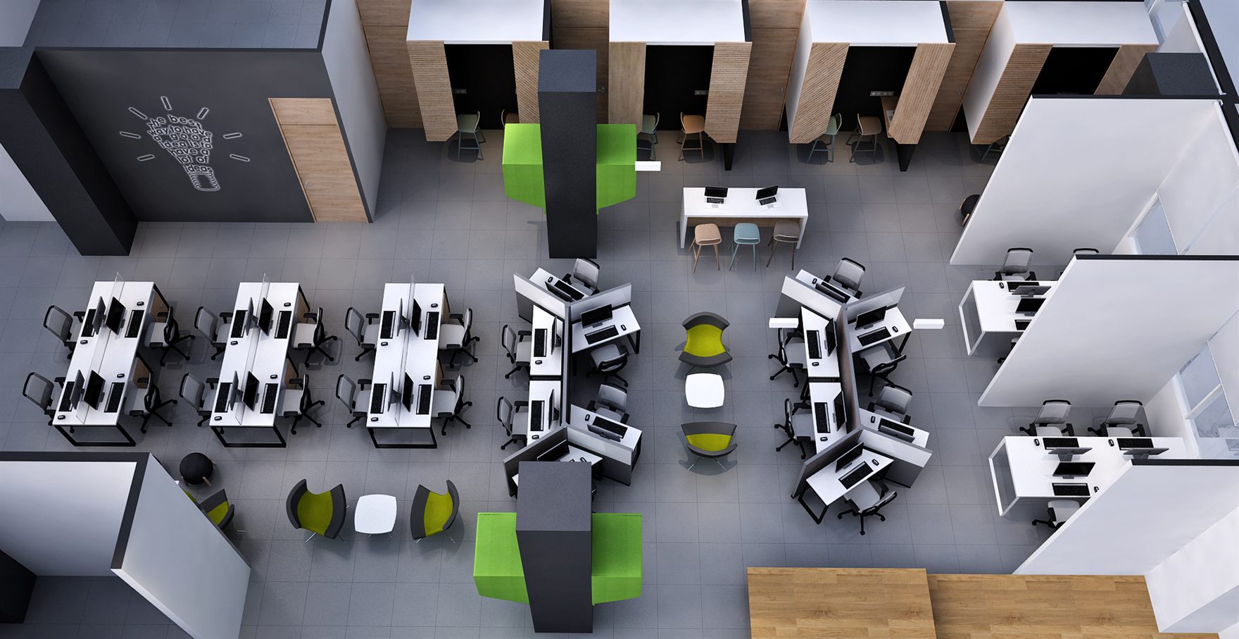 Aerial view of angled desk clusters, green sculptural columns and a whiteboard wall across a grey-tiled open floor