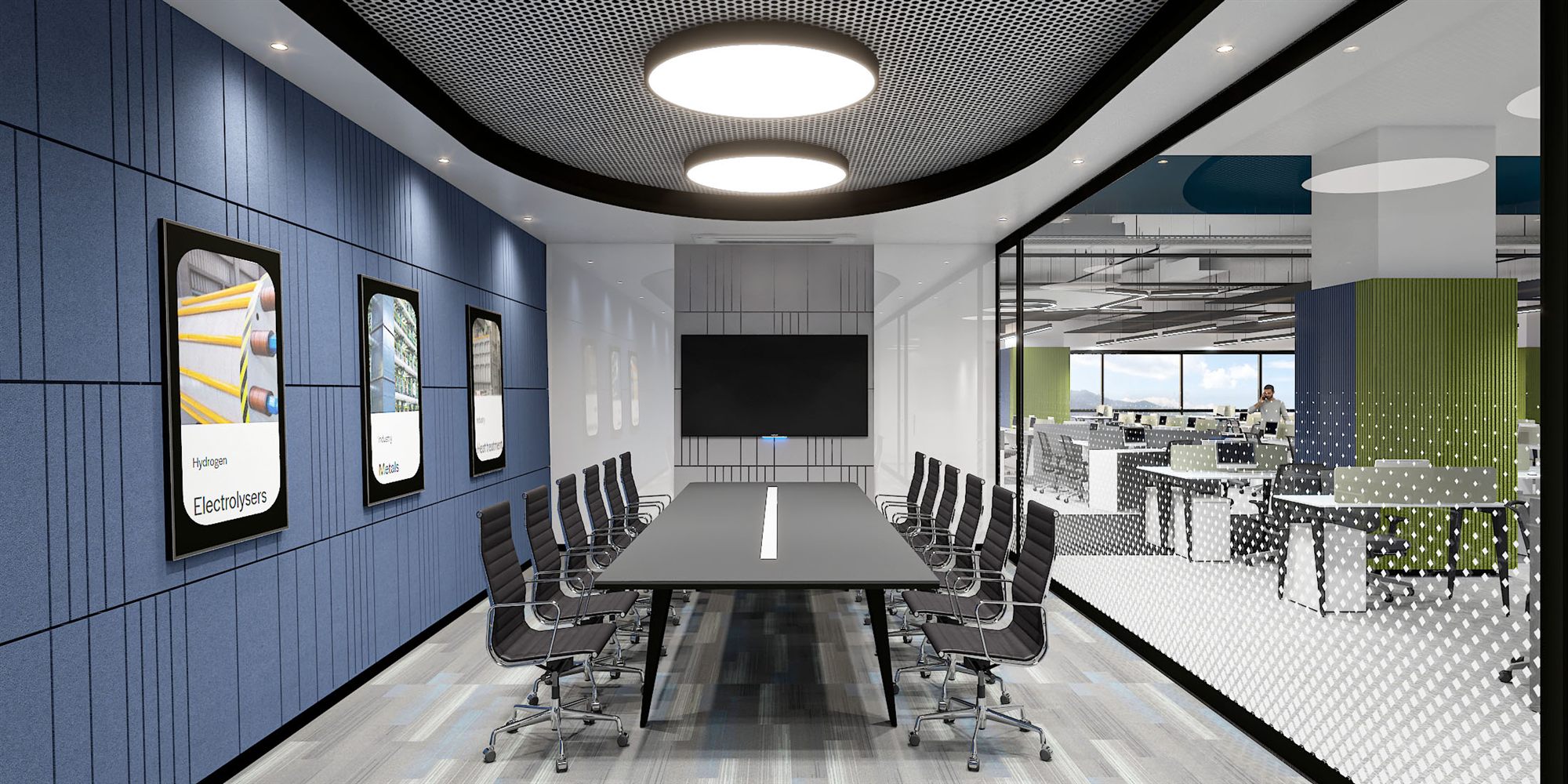 Conference cabin with blue acoustic-panel wall, framed product graphics and a long boardroom table open to the workfloor.