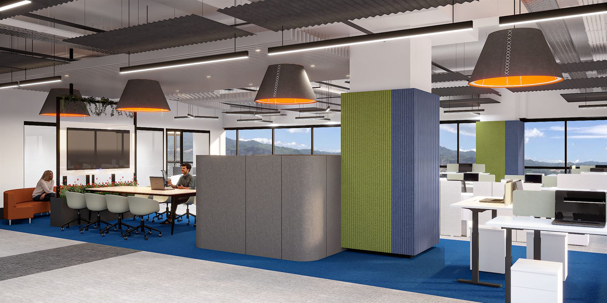 Breakout collaboration bar with planter-topped counter, swivel stools and green/blue acoustic columns.