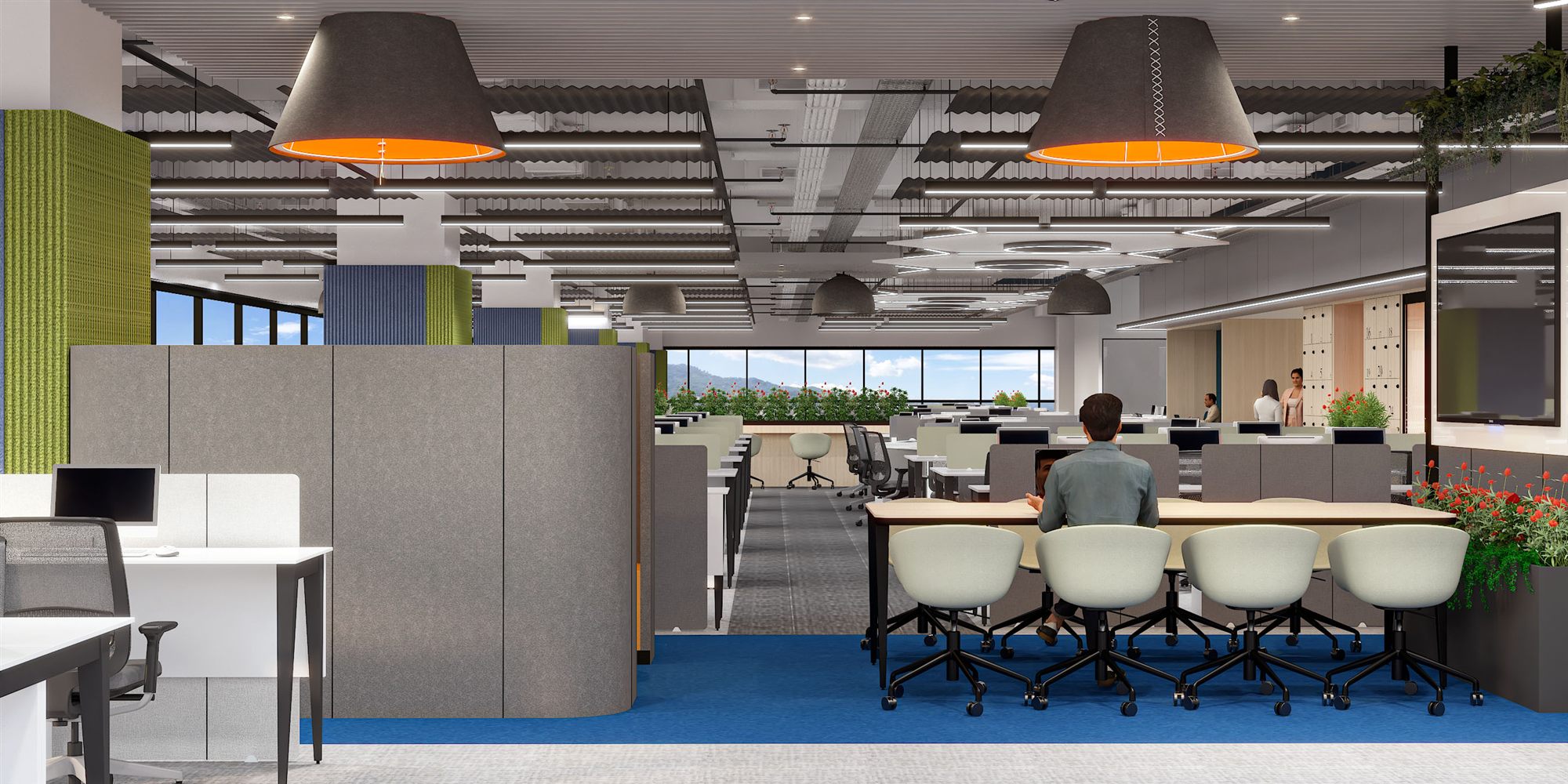 Wide biophilic workfloor lined with flowering planters, low workstations and panoramic glazing.
