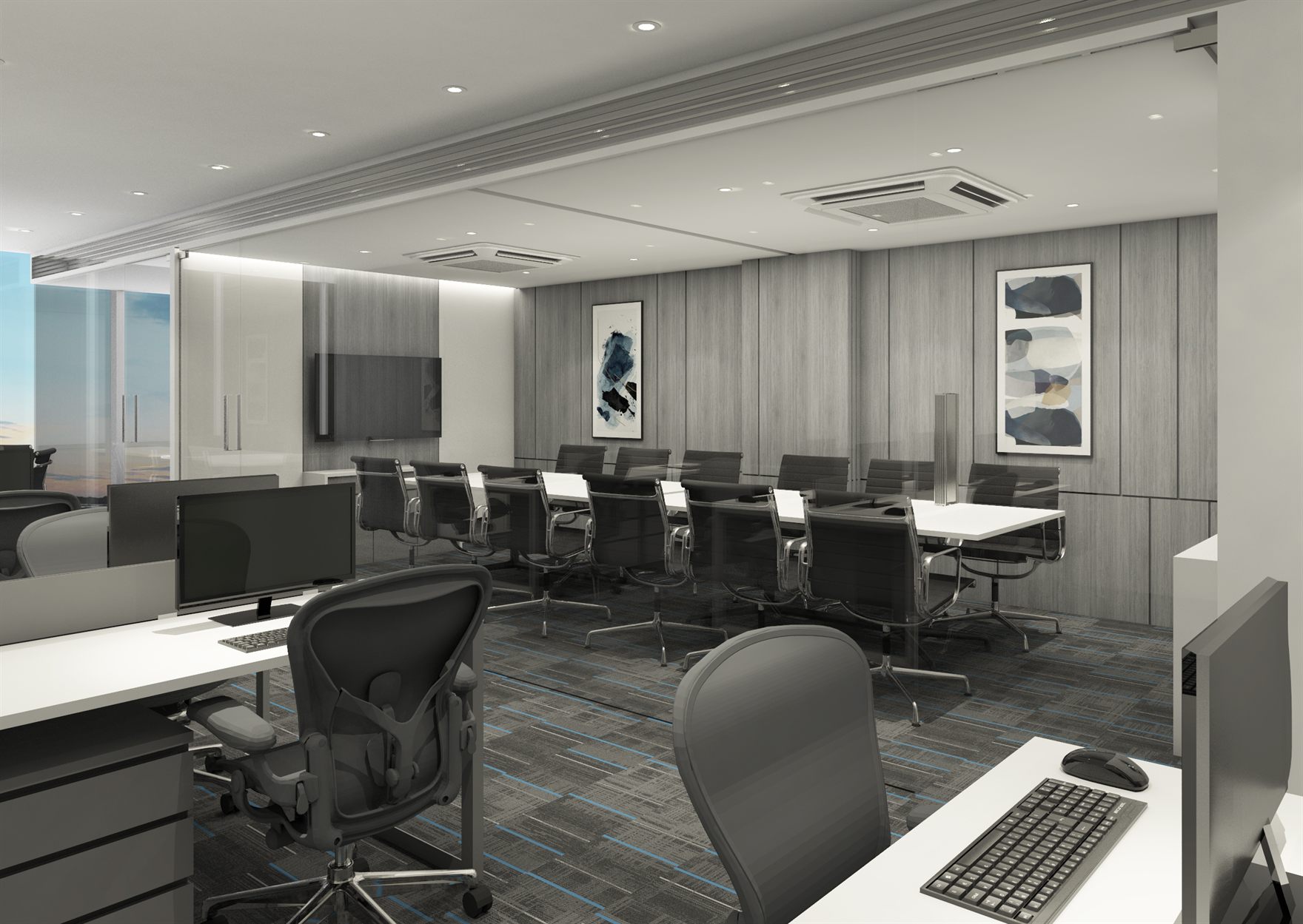 Rendered office combining white-topped workstations with black mesh chairs and a long boardroom table of black Eames-style chairs against grey wood-panelled walls hung with blue abstract art