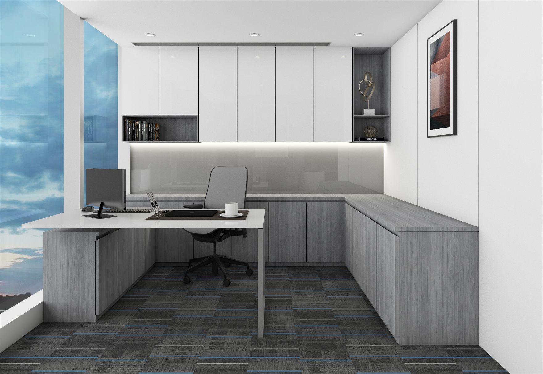 Rendered meeting room with a round white table and black Eames-style chairs beside a printer console and framed ink-wash art, wrapped by corner glazing showing a dusk sky