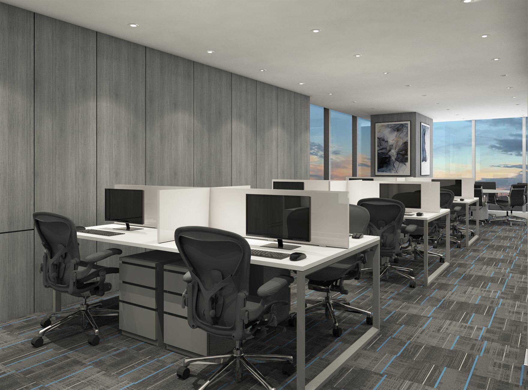 Rendered private cabin with an L-shaped grey-wood and white desk, glossy white overhead cabinets, display niches and a window wall opening to the sky