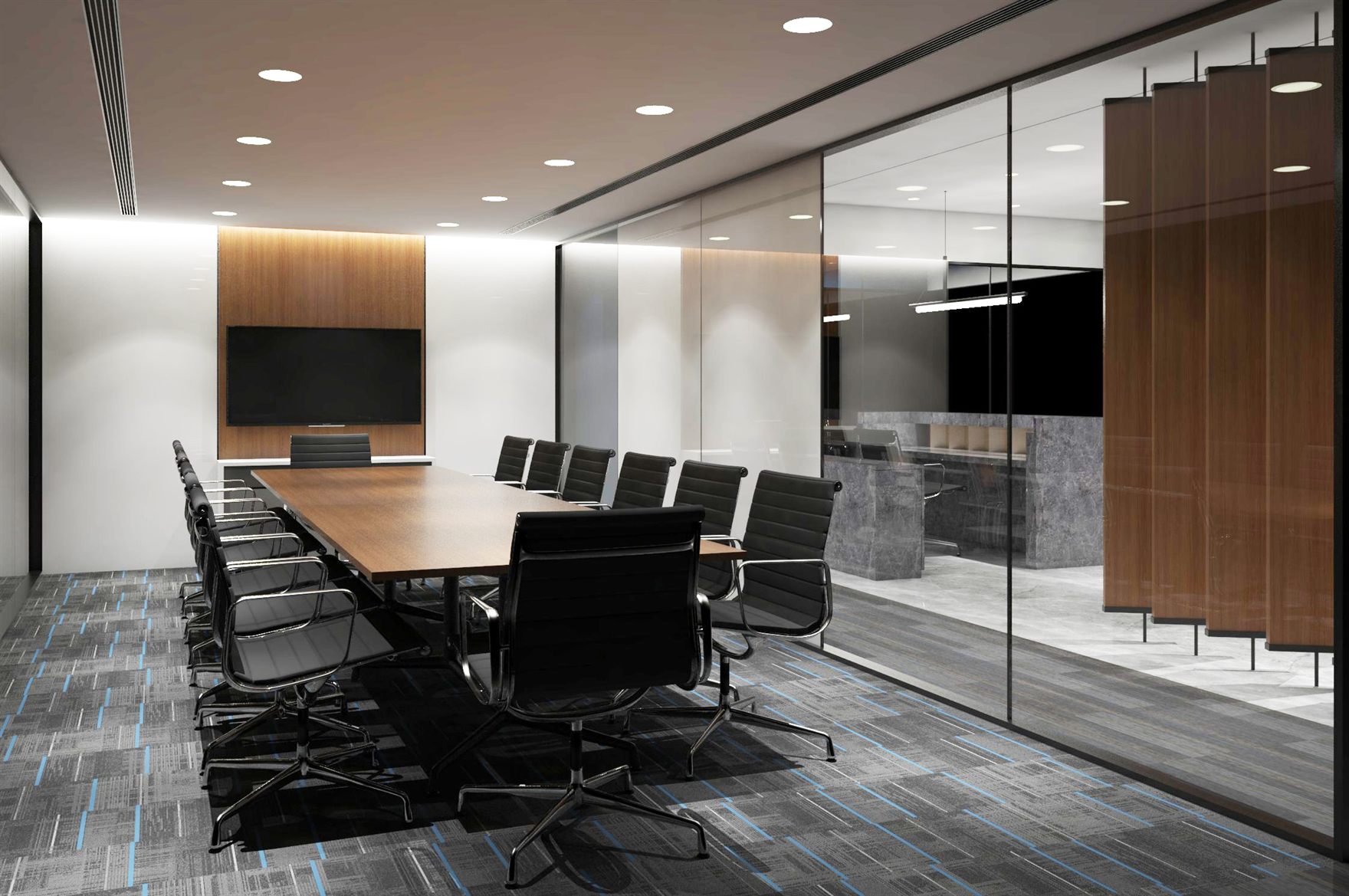 Rendered boardroom with a long walnut table lined with black chairs, a wood-framed wall screen and a glass partition into an adjoining stone-clad meeting room