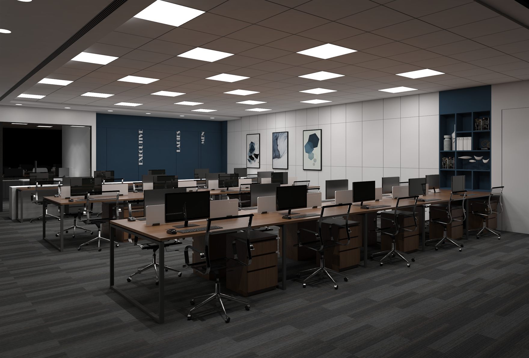 Rendered open-plan floor of rows of walnut workstations with mesh chairs beneath a grid-lit ceiling, with a navy accent wall lettered Executive, Ladies and Men and a blue display shelf