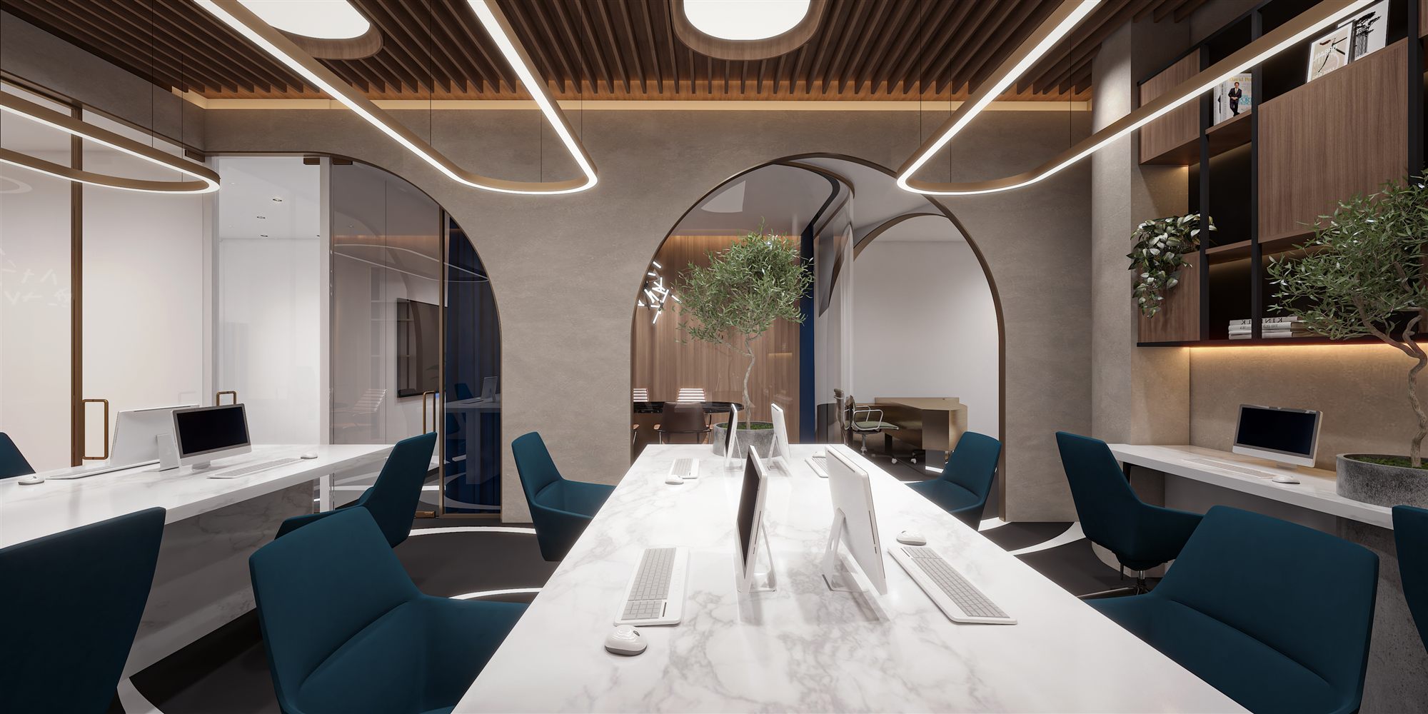 Open workstation cluster with marble desk, teal task chairs and arched portals framing the conference cabin beyond.