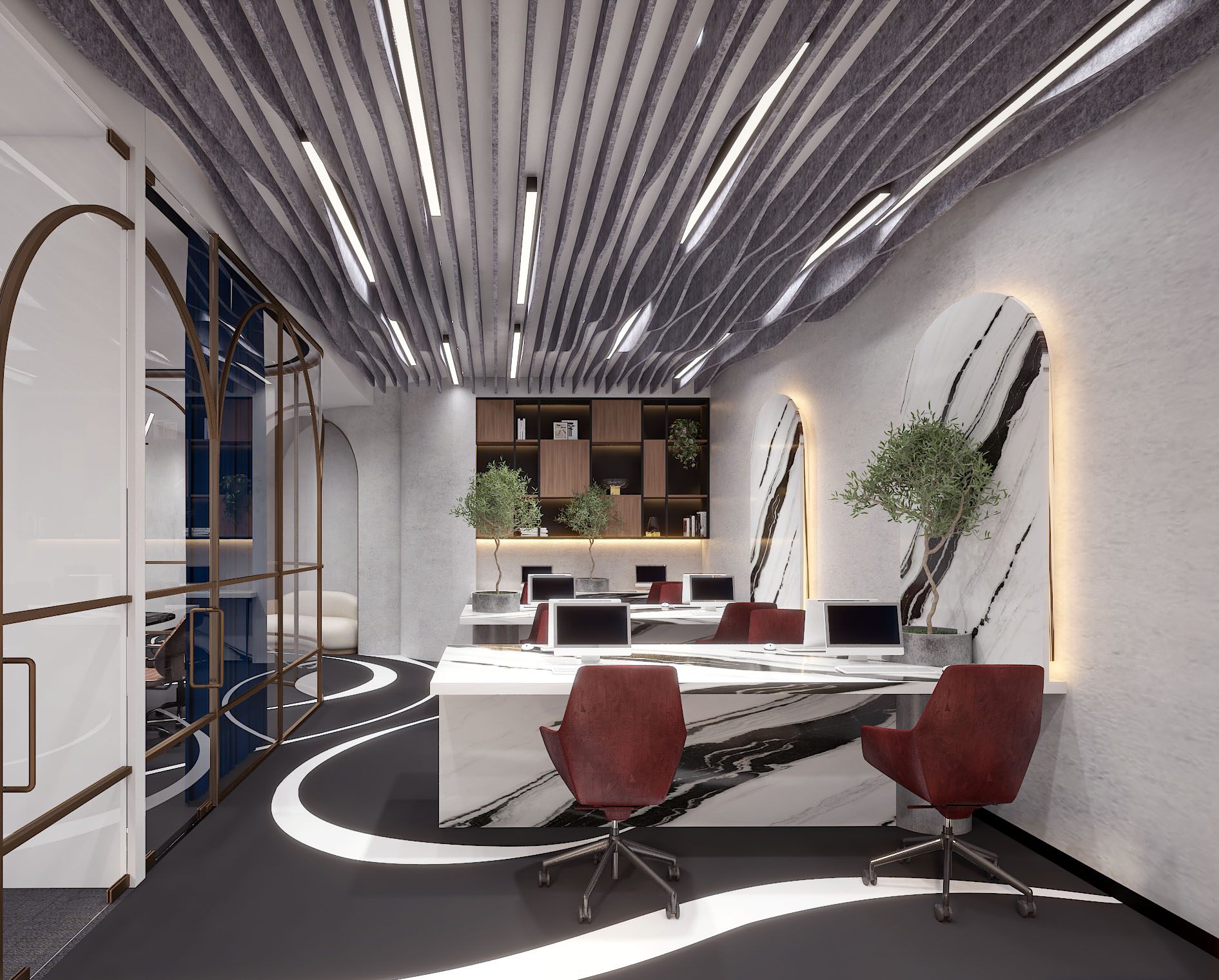 Optimized open office across a veined-marble counter, acoustic wave ceiling and brass-screened meeting pod.