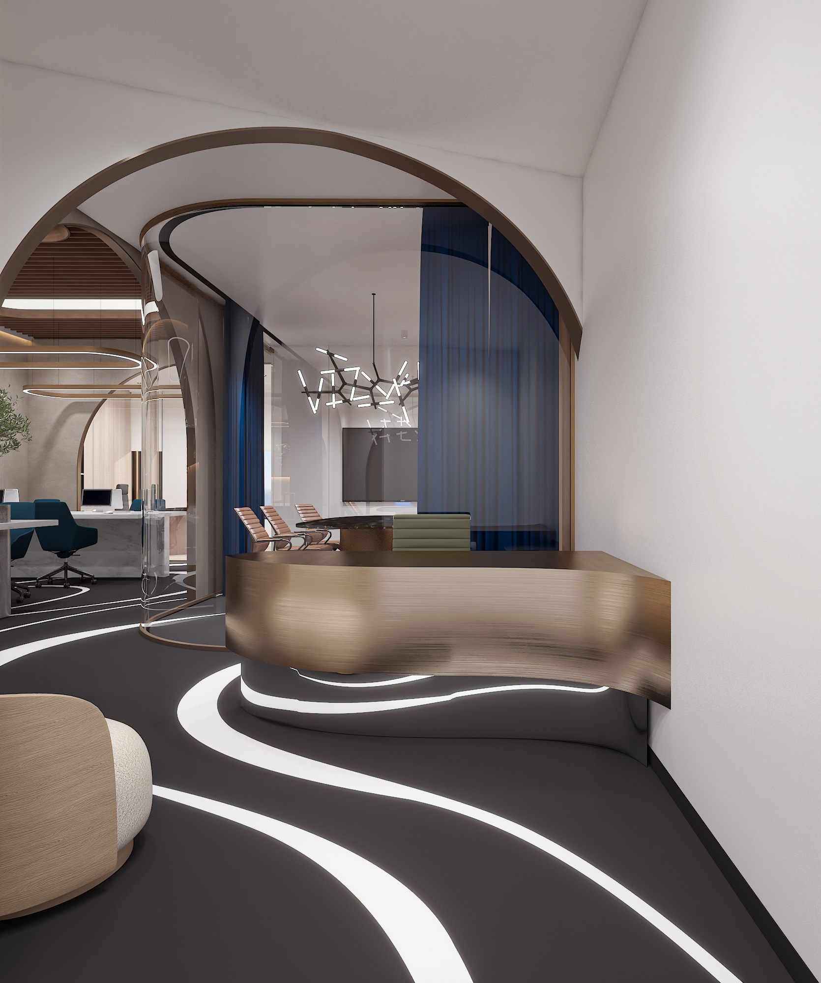 Entry/reception view with a sculpted brass desk and white LED light-lines curving across the dark floor.