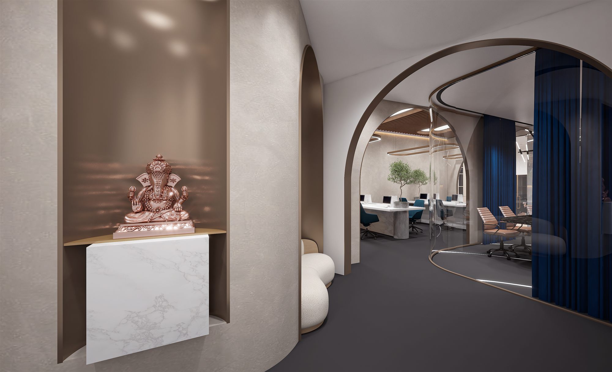 Mandir niche with Ganesh idol on marble plinth beside an arched view into the open office (teal scheme).