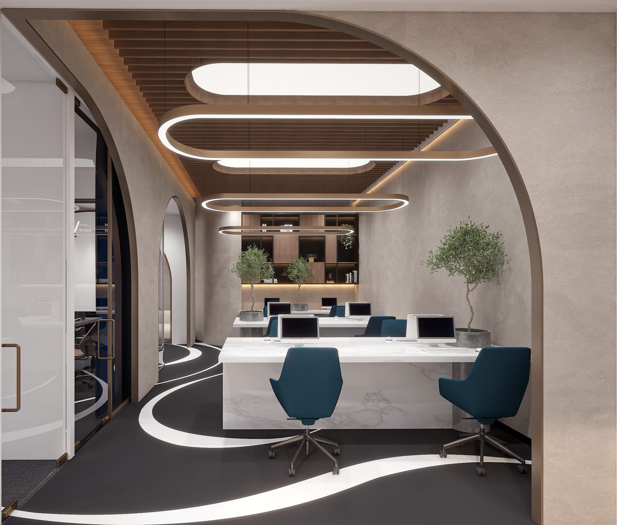 Workstation pod under sculpted oval light fixtures with marble desk, teal chairs and walnut storage wall.