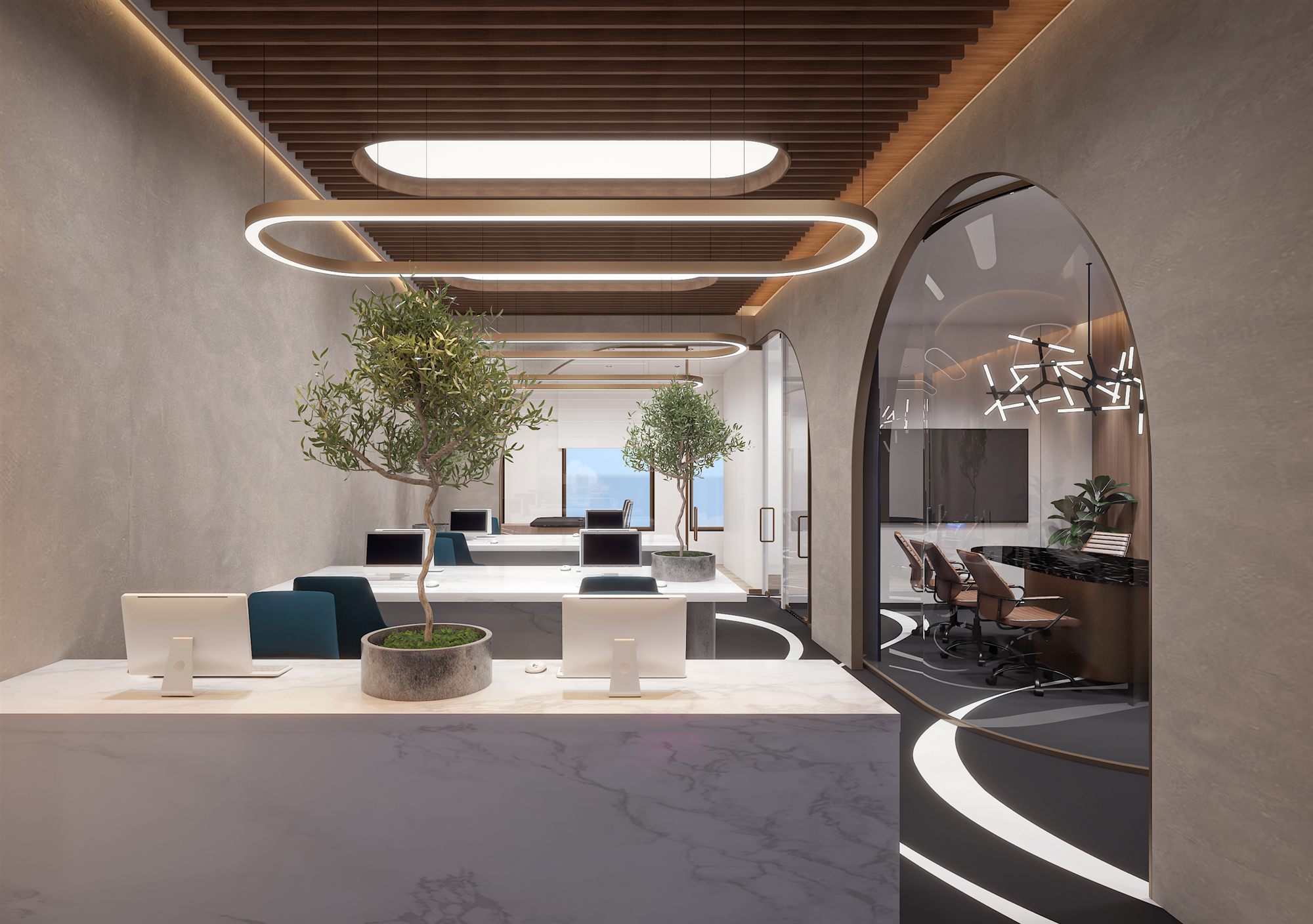 Desk cluster with potted olive trees, ribbed ceiling and the meeting cabin framed through an arched opening.