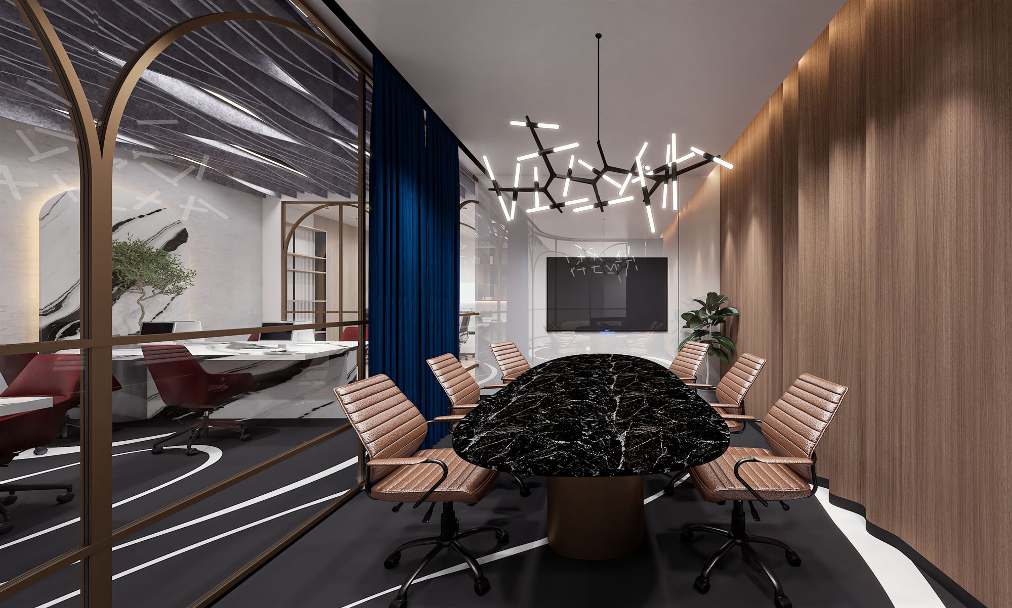 Optimized conference cabin: black-marble table, tan chairs and a dramatic veined-marble feature wall (near-duplicate viewpoint).