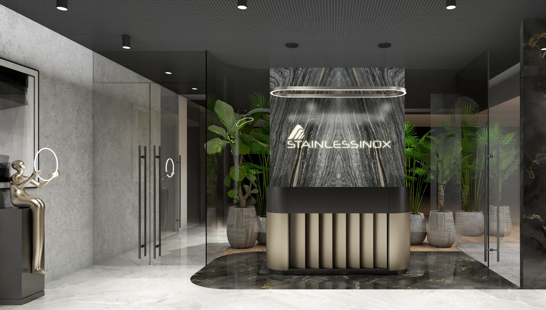 Fluted bronze reception desk against a book-matched dark-stone wall with ring pendant, framed by planting, glass doors and a brass seated sculpture