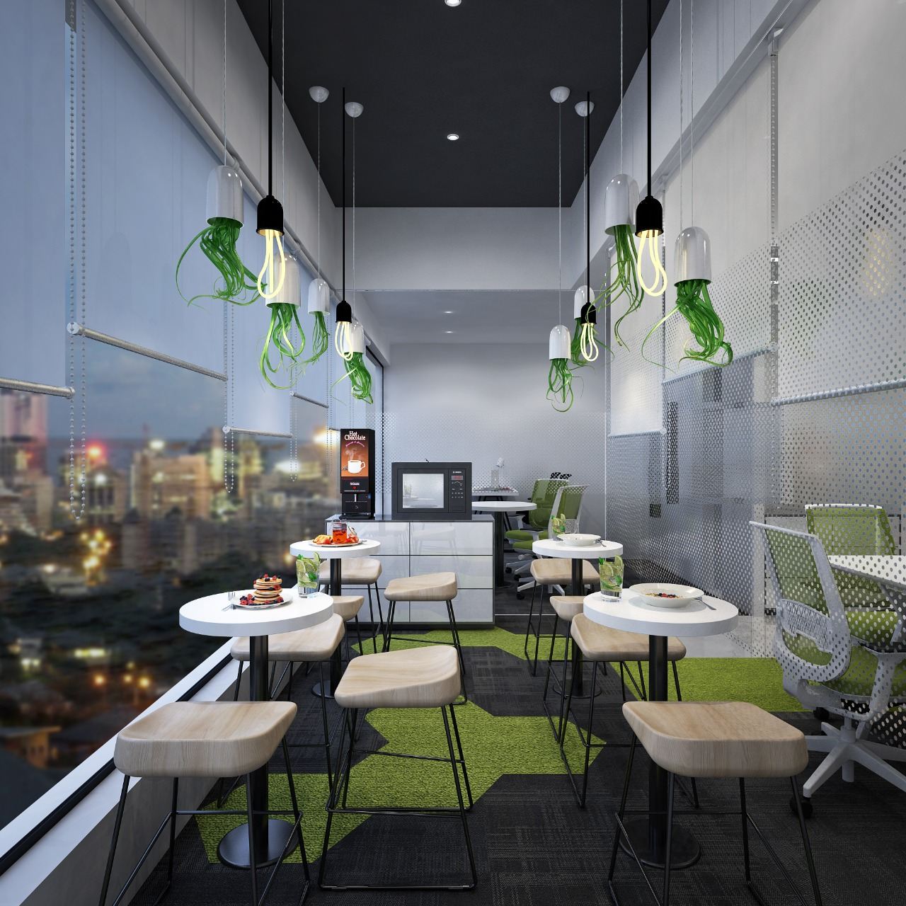 Glass-walled meeting room with a typographic 'Creative Teamwork Innovate' feature wall and black executive chairs.
