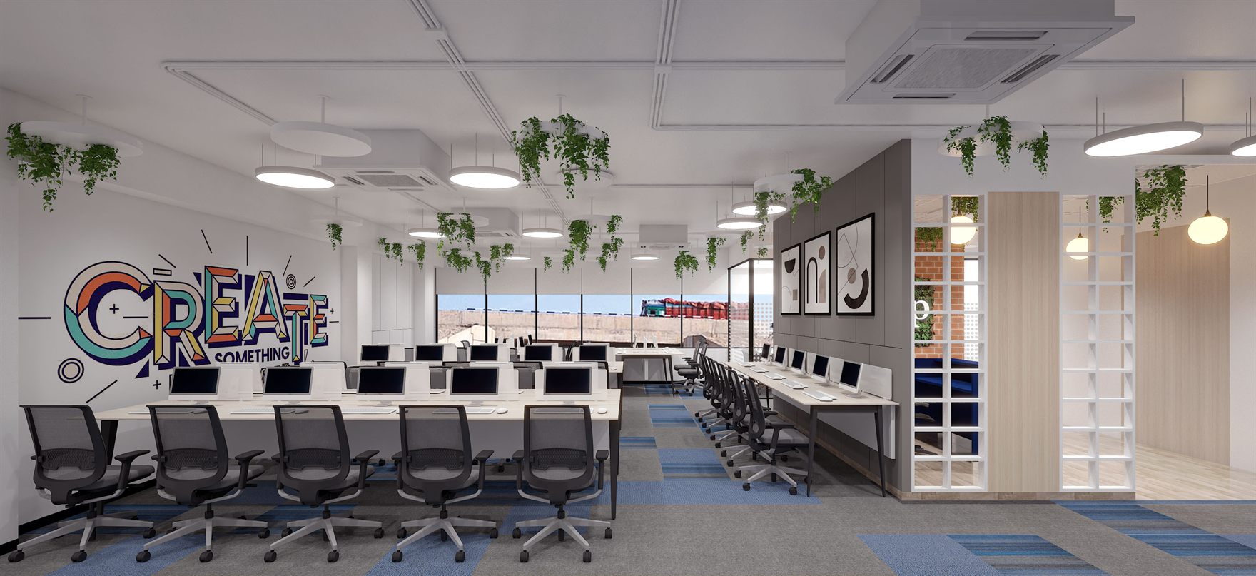 Meeting room with a wood table, black chairs, a dark slat TV wall, blue abstract art and dotted glass partition