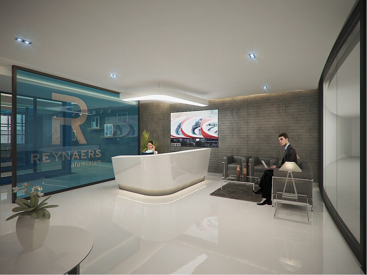 Reception lounge with curved white desk and the branded REYNAERS aluminium frosted-glass screen, video wall and waiting seating.