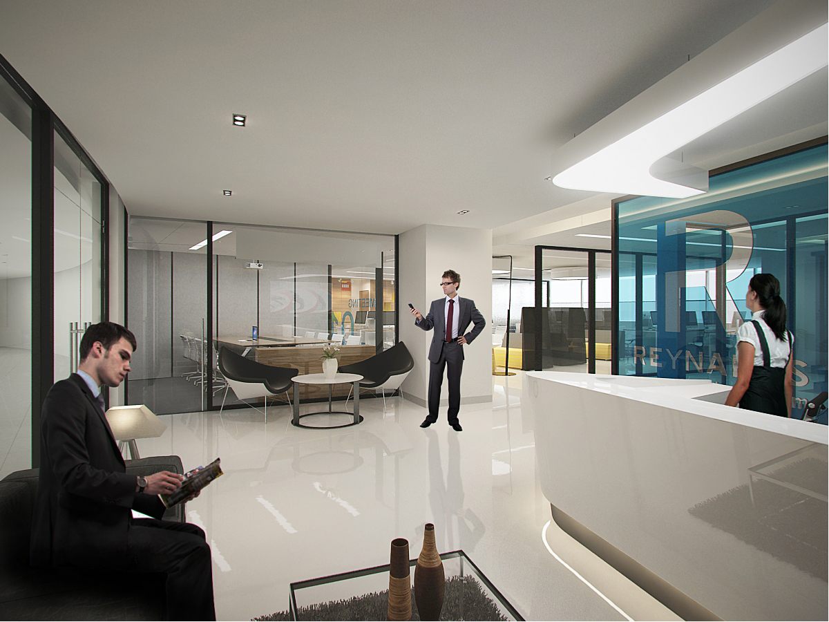 Wide reception view linking the branded desk, glass meeting room and waiting lounge in one bright open volume.