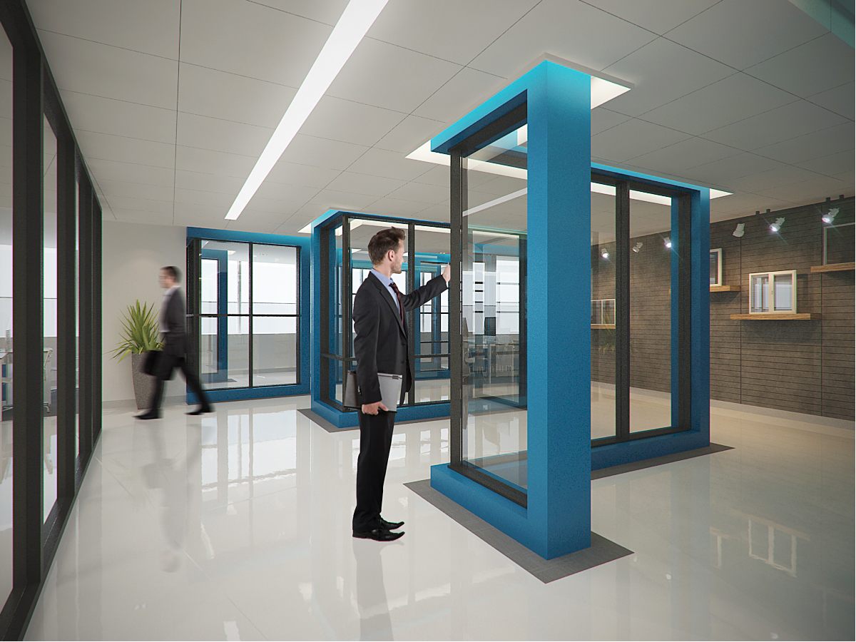 Glazed display vitrines framed in brand-blue showcasing aluminium window systems along a bright corridor.