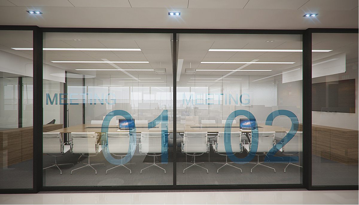Glazed boardrooms with bold 'MEETING 01 / 02' graphic film on the partition glass.