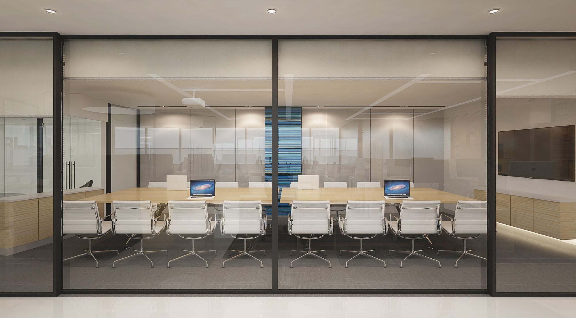 Glass-enclosed boardroom seen through partitions, with light-timber table, white Eames-style chairs and wall display.