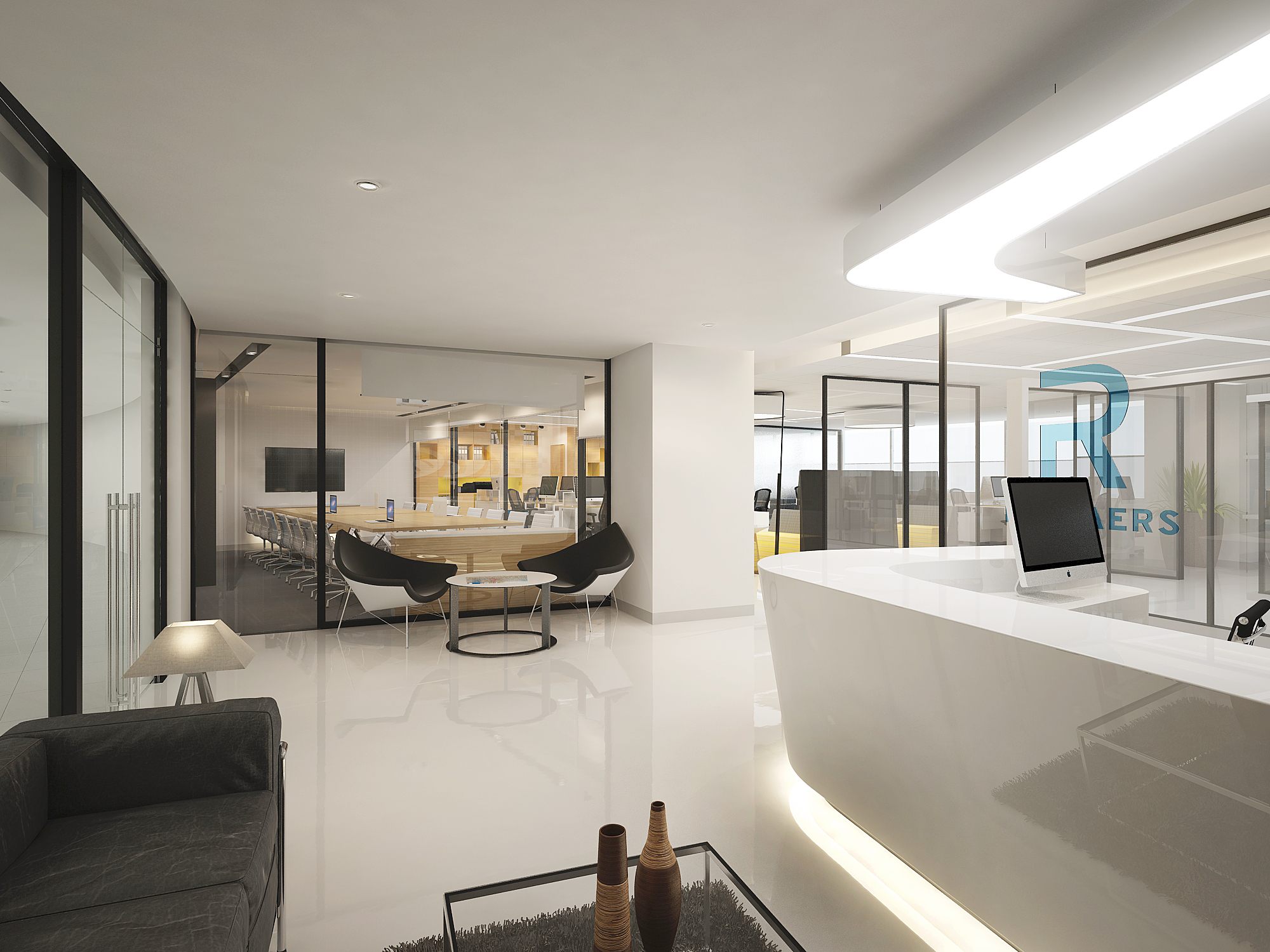 Bright reception lounge with curved white desk, lounge seating and a glazed meeting room beyond; Reynaers logo on glass.
