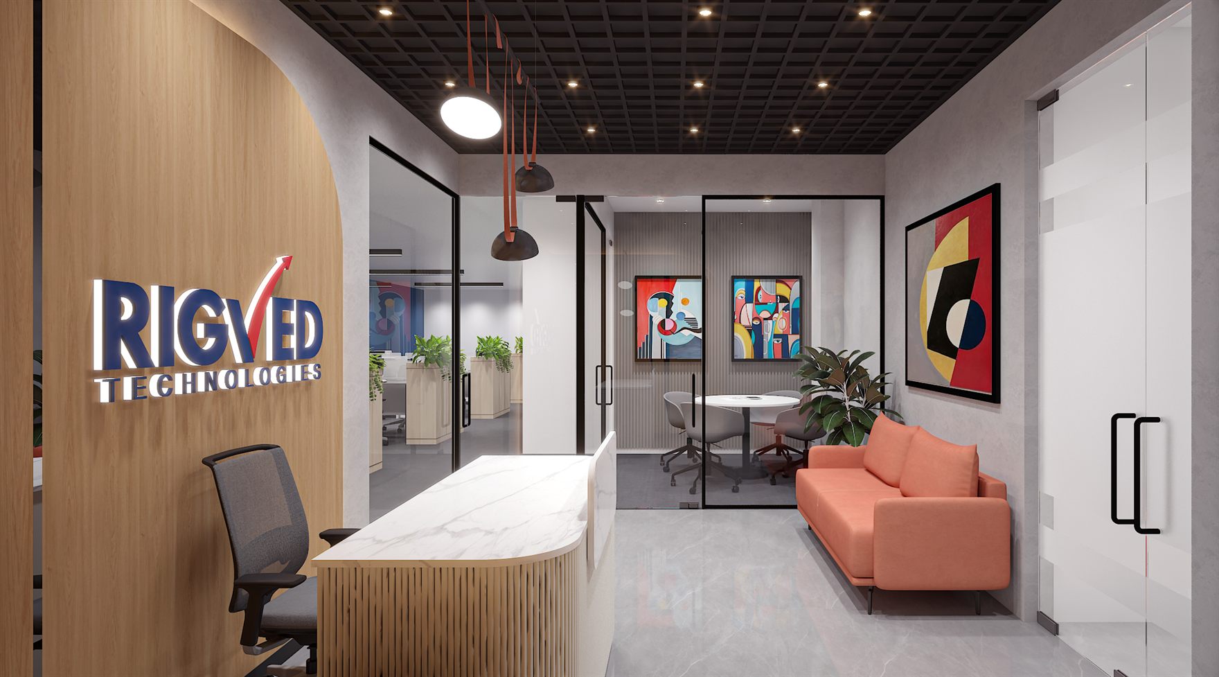 Reception with the blue-and-red Rigved Technologies logo on an arched oak wall, a white marble and fluted-wood desk, a coral two-seater sofa, colourful cubist art and pendant lamps under a black eggcrate ceiling