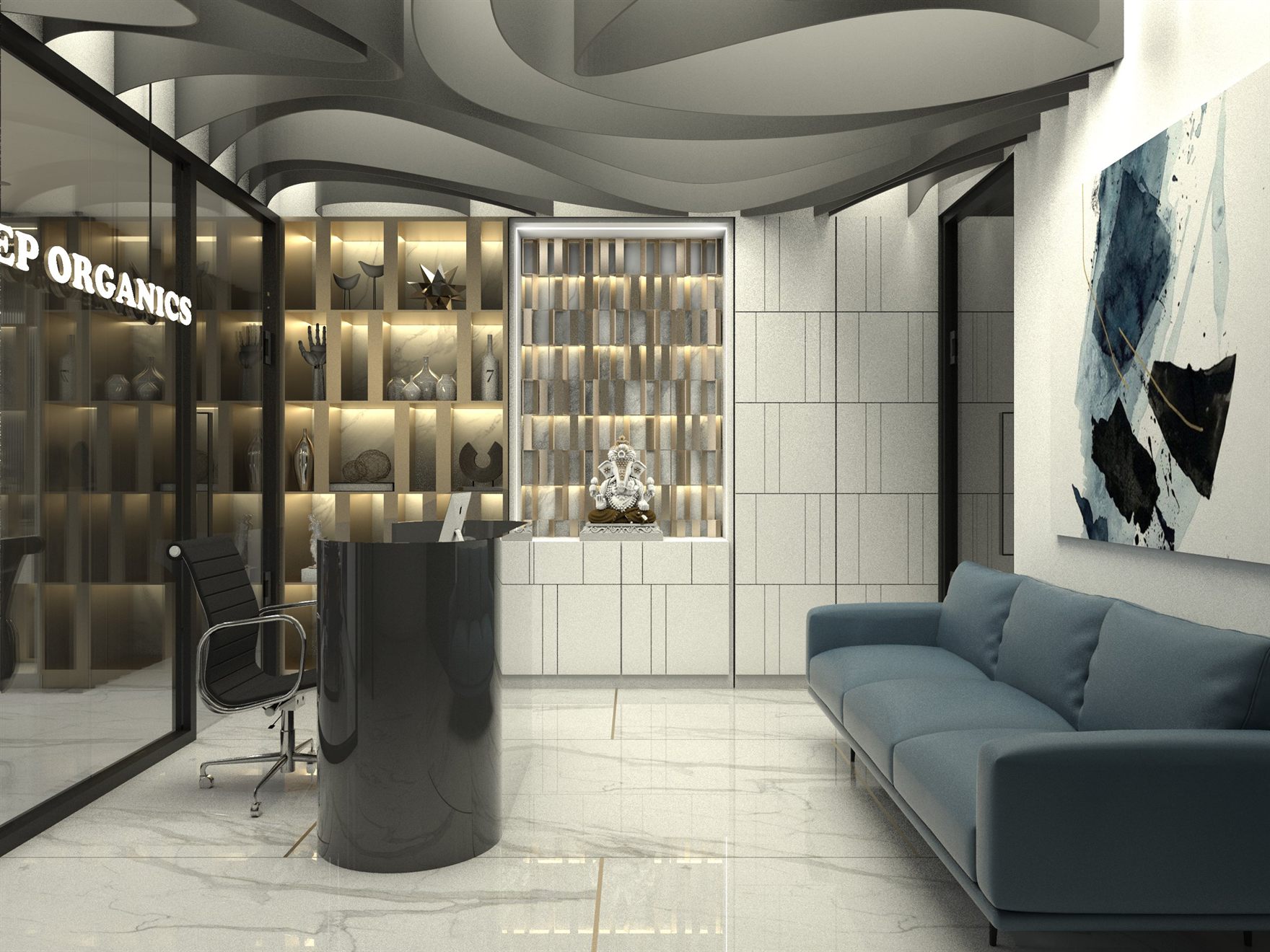 Director cabin with a glossy black cylindrical desk, backlit brass-and-marble display shelving, a niche housing a Ganesha idol, a teal-blue sofa and abstract canvas over polished white marble flooring